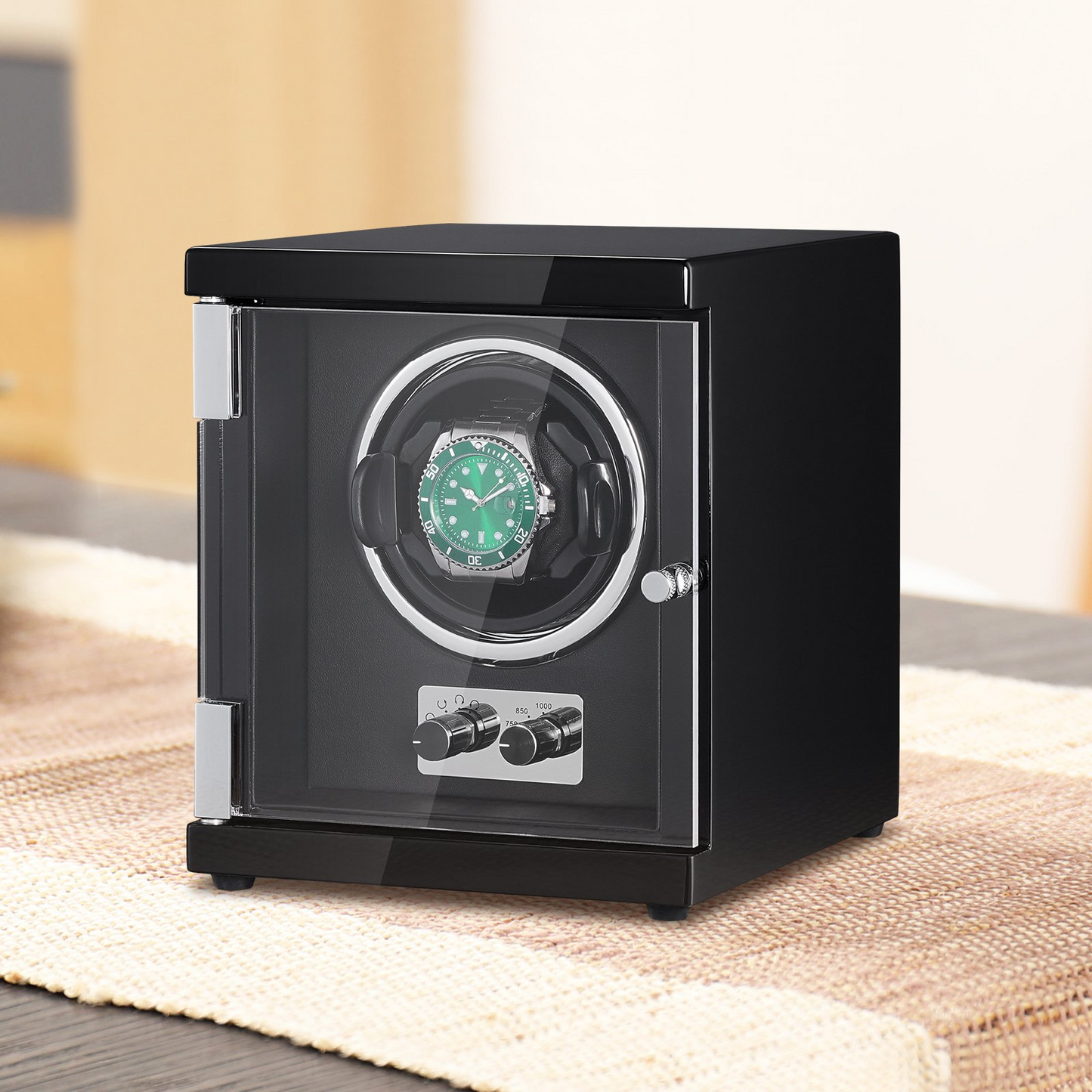 VEVOR Watch Winder, Single Watch Winder for Men's and Women's Automatic Watch, with Super Quiet Japanese Mabuchi Motor, Blue LED Light and Adapter, High-Density Board Shell and Black PU