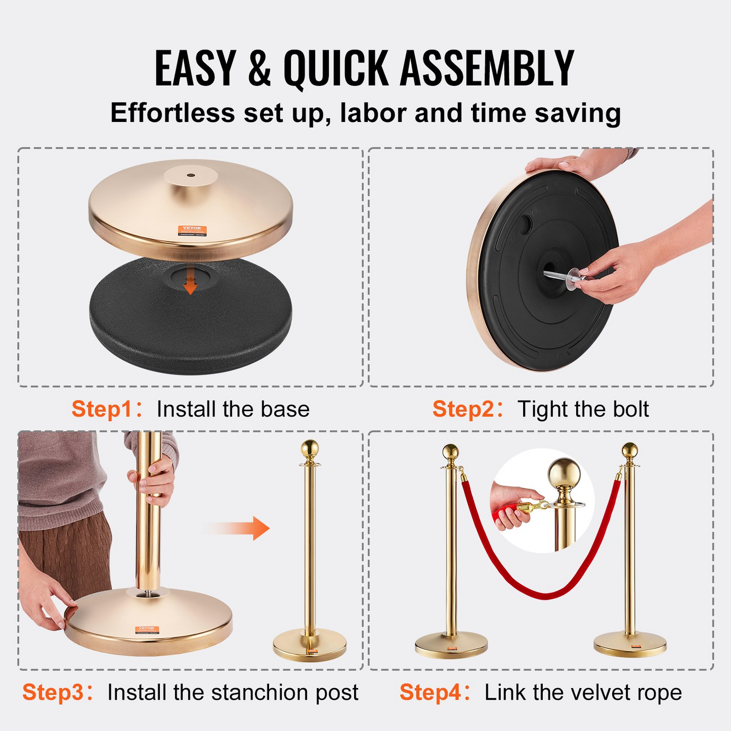 VEVOR Stanchion Post with Velvet Rope, 6-Pack Crowd Control Stanchion with 4PCS 5FT Red Velvet Ropes, Stainless Steel Queue Barrier Line Divider with Fillable Base & Ball Top for Wedding Museum Party