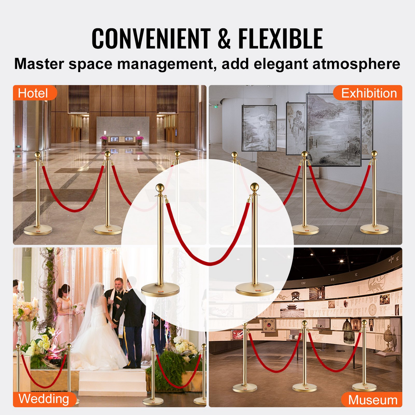 VEVOR Stanchion Post with Velvet Rope, 6-Pack Crowd Control Stanchion with 4PCS 5FT Red Velvet Ropes, Stainless Steel Queue Barrier Line Divider with Fillable Base & Ball Top for Wedding Museum Party