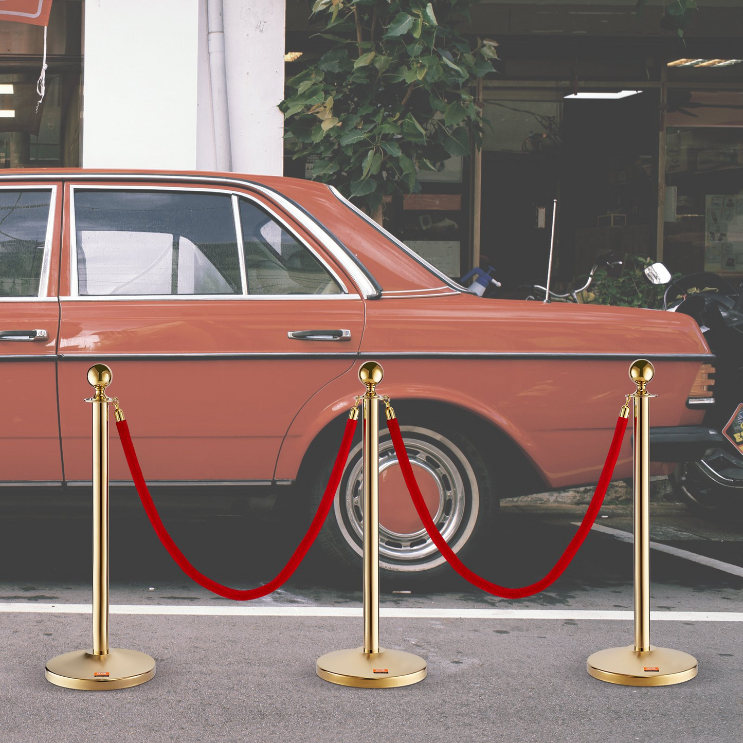 VEVOR Stanchion Post with Velvet Rope, 6-Pack Crowd Control Stanchion with 4PCS 5FT Red Velvet Ropes, Stainless Steel Queue Barrier Line Divider with Fillable Base & Ball Top for Wedding Museum Party