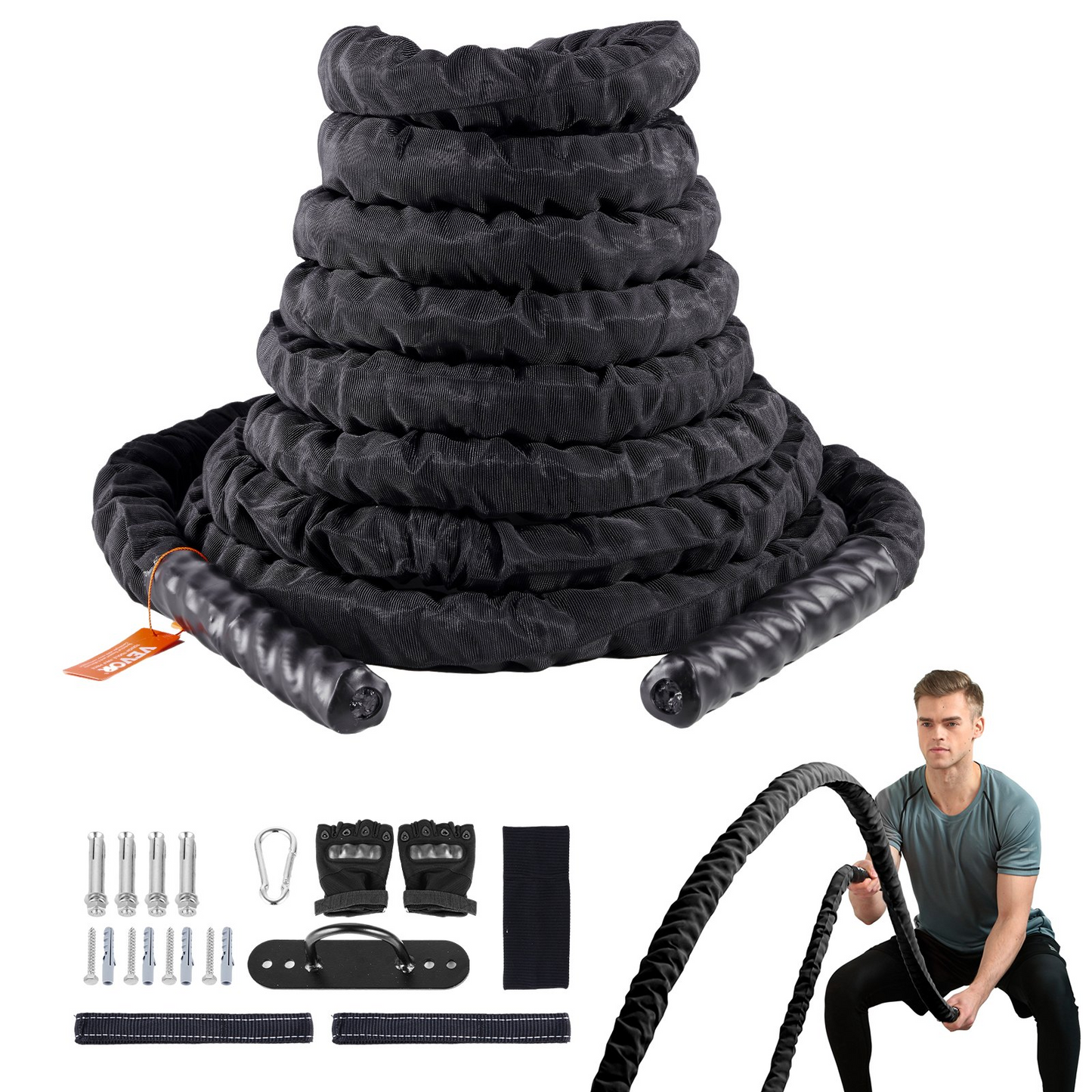 VEVOR Battle Rope 1.5" 30Ft Gym Workout Strength Training Exercise Fitness Rope