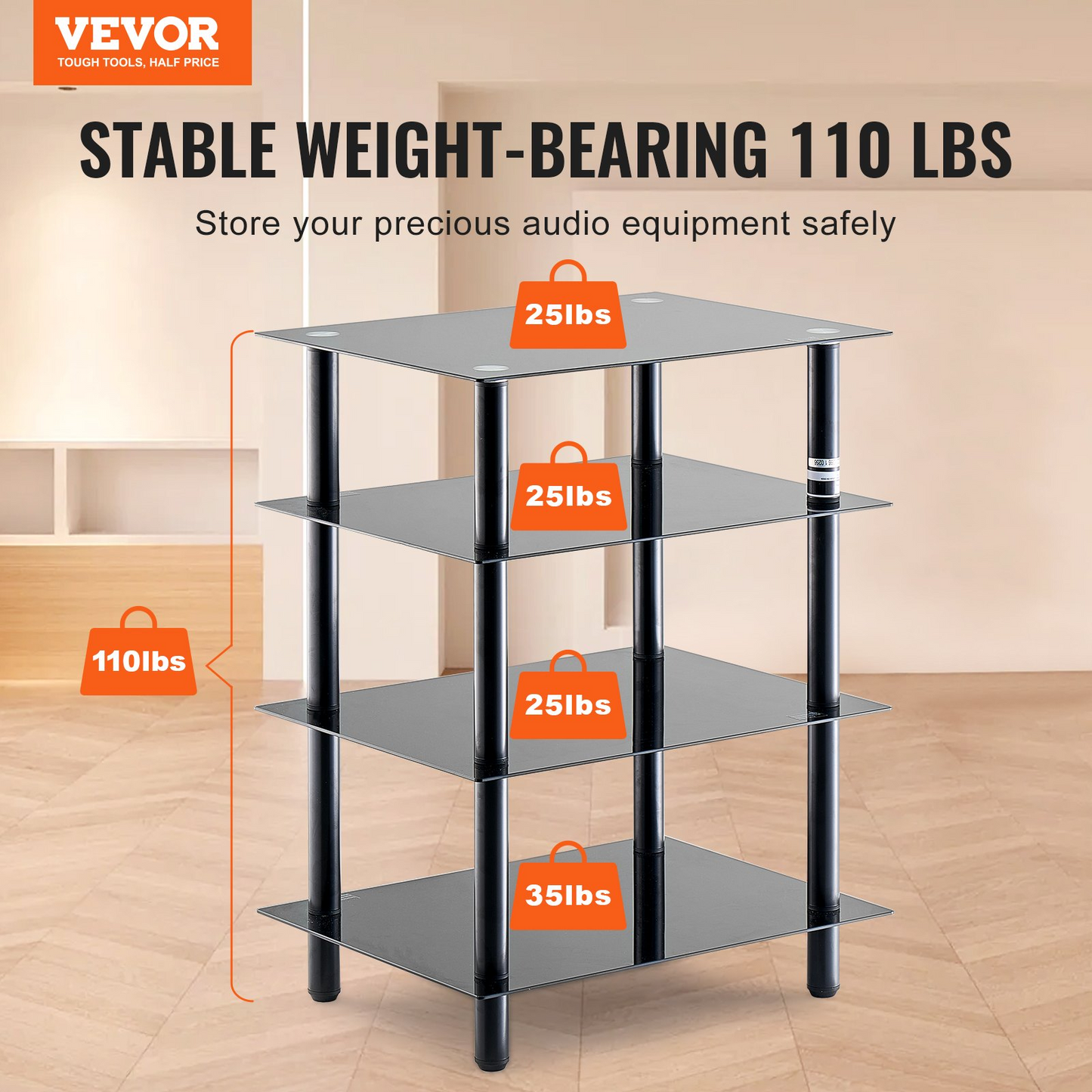 VEVOR 4-Tier AV Media Stand Strengthened Tempered Glass Audio-Video Media Stand, AV Media Stand Corner Shelf Corner Shelves Component Cabinet Stereo Audio Rack Stand Tower Perfect for DVD Players For Game Console/TV Box, Living Room Storage, Corner