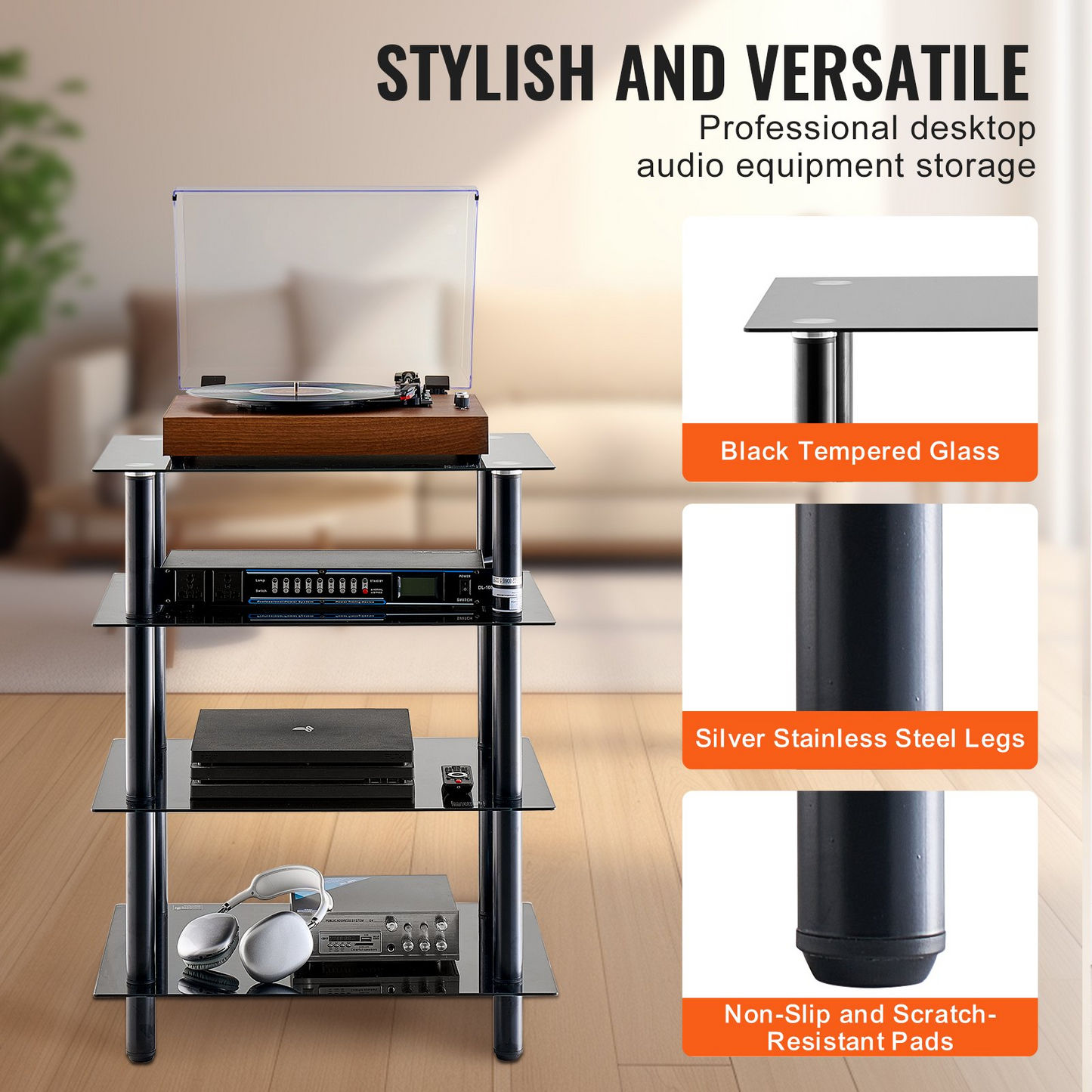 VEVOR 4-Tier AV Media Stand Strengthened Tempered Glass Audio-Video Media Stand, AV Media Stand Corner Shelf Corner Shelves Component Cabinet Stereo Audio Rack Stand Tower Perfect for DVD Players For Game Console/TV Box, Living Room Storage, Corner