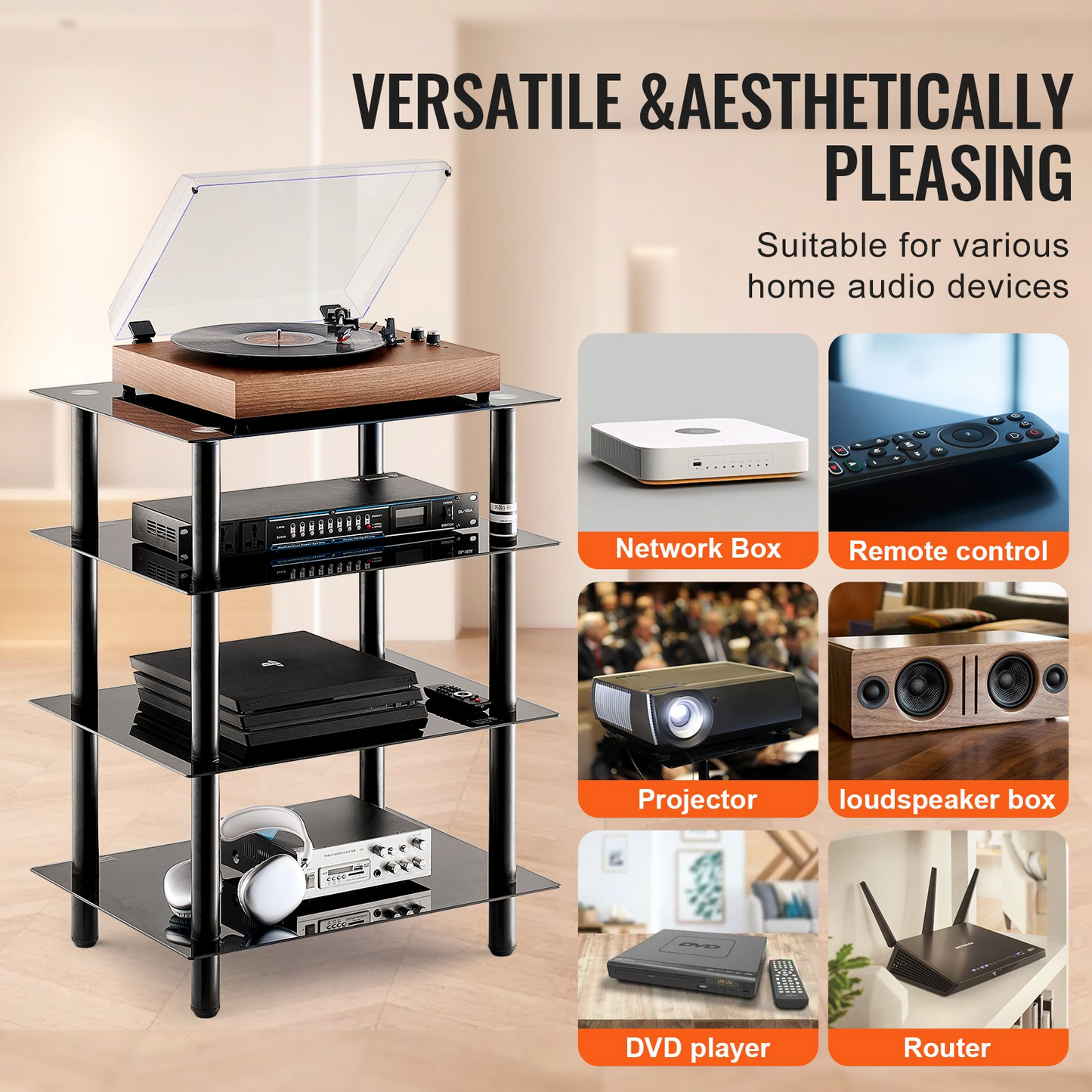 VEVOR 4-Tier AV Media Stand Strengthened Tempered Glass Audio-Video Media Stand, AV Media Stand Corner Shelf Corner Shelves Component Cabinet Stereo Audio Rack Stand Tower Perfect for DVD Players For Game Console/TV Box, Living Room Storage, Corner