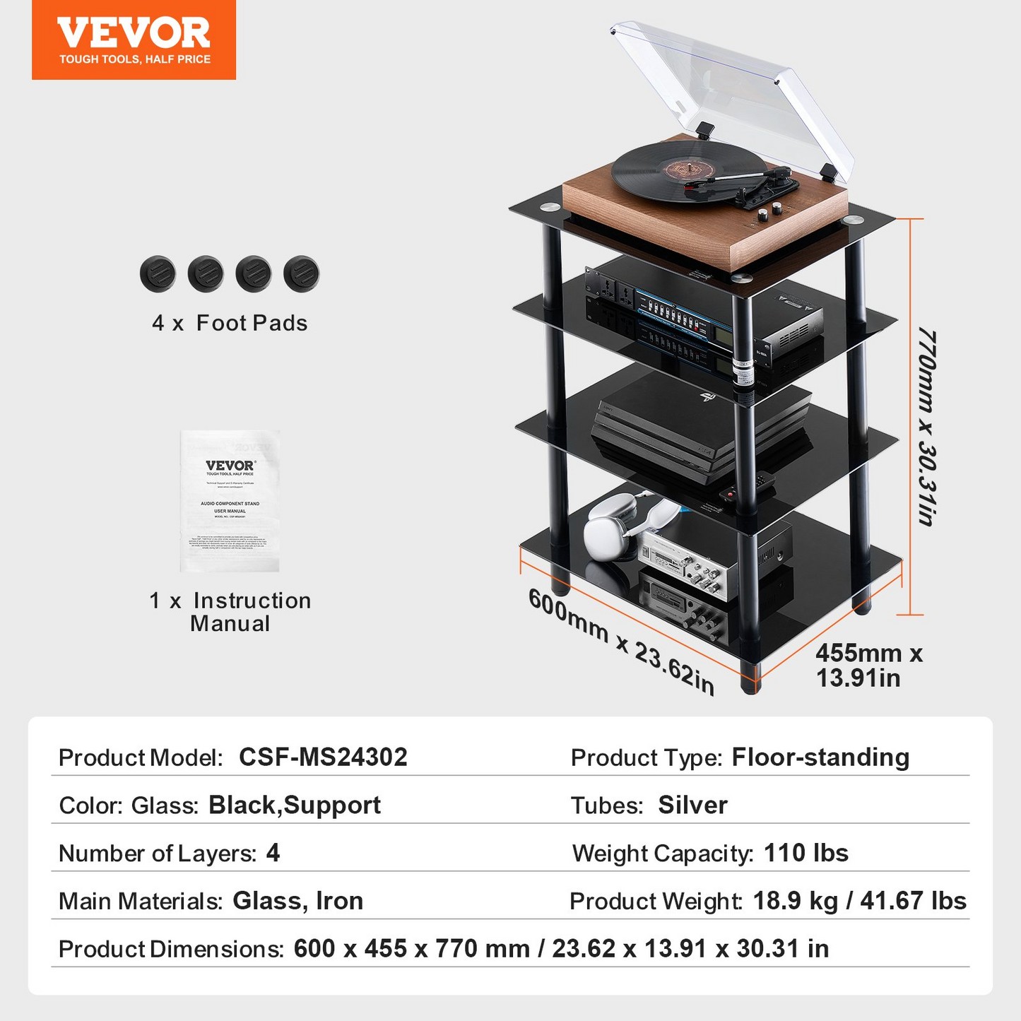 VEVOR 4-Tier AV Media Stand Strengthened Tempered Glass Audio-Video Media Stand, AV Media Stand Corner Shelf Corner Shelves Component Cabinet Stereo Audio Rack Stand Tower Perfect for DVD Players For Game Console/TV Box, Living Room Storage, Corner