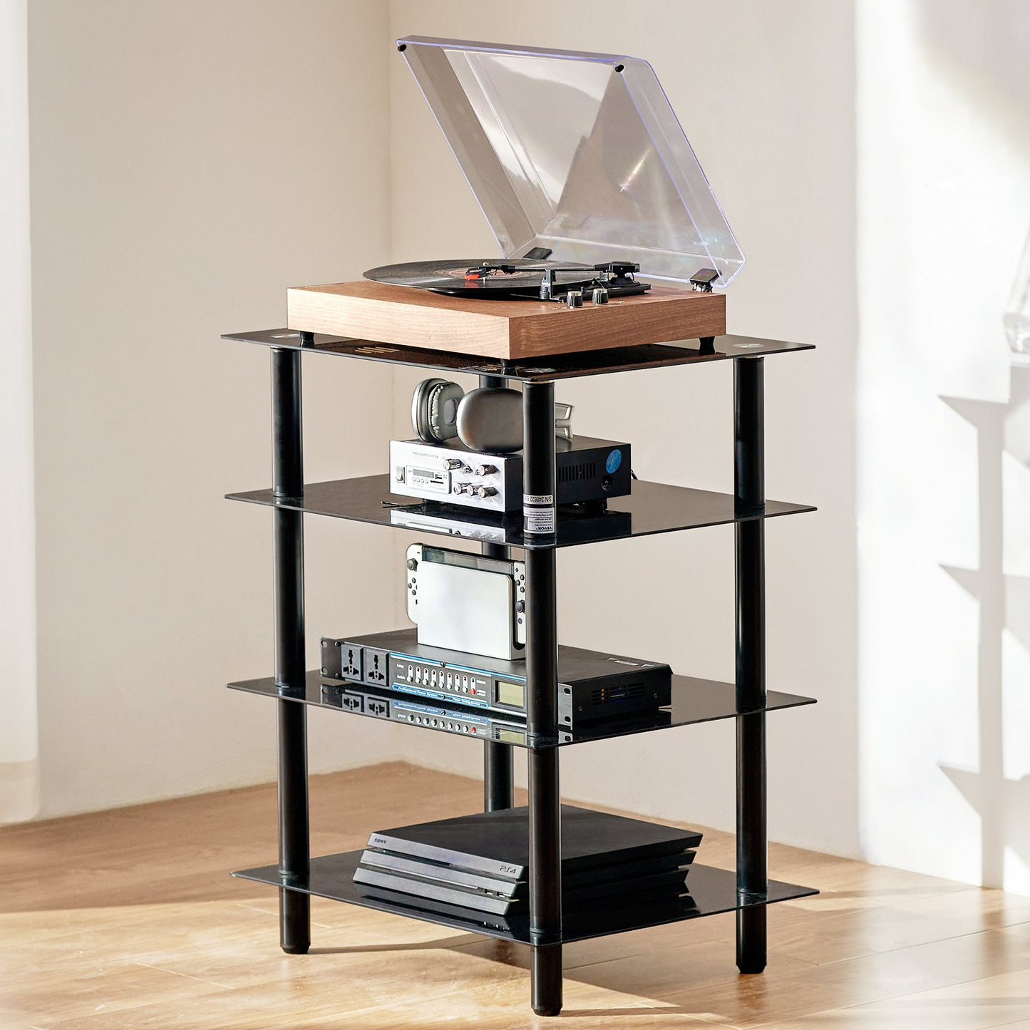VEVOR 4-Tier AV Media Stand Strengthened Tempered Glass Audio-Video Media Stand, AV Media Stand Corner Shelf Corner Shelves Component Cabinet Stereo Audio Rack Stand Tower Perfect for DVD Players For Game Console/TV Box, Living Room Storage, Corner