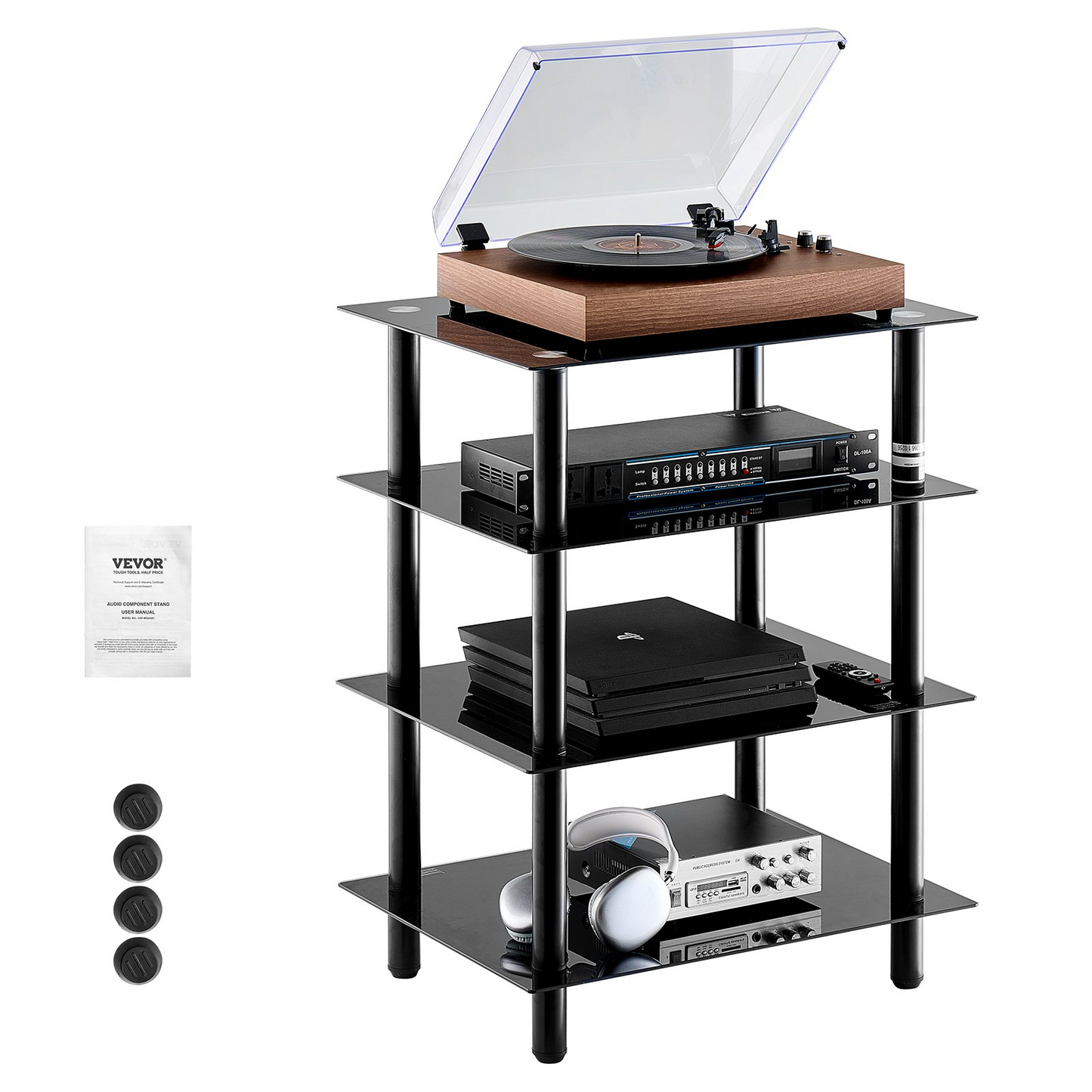 VEVOR 4-Tier AV Media Stand Strengthened Tempered Glass Audio-Video Media Stand, AV Media Stand Corner Shelf Corner Shelves Component Cabinet Stereo Audio Rack Stand Tower Perfect for DVD Players For Game Console/TV Box, Living Room Storage, Corner