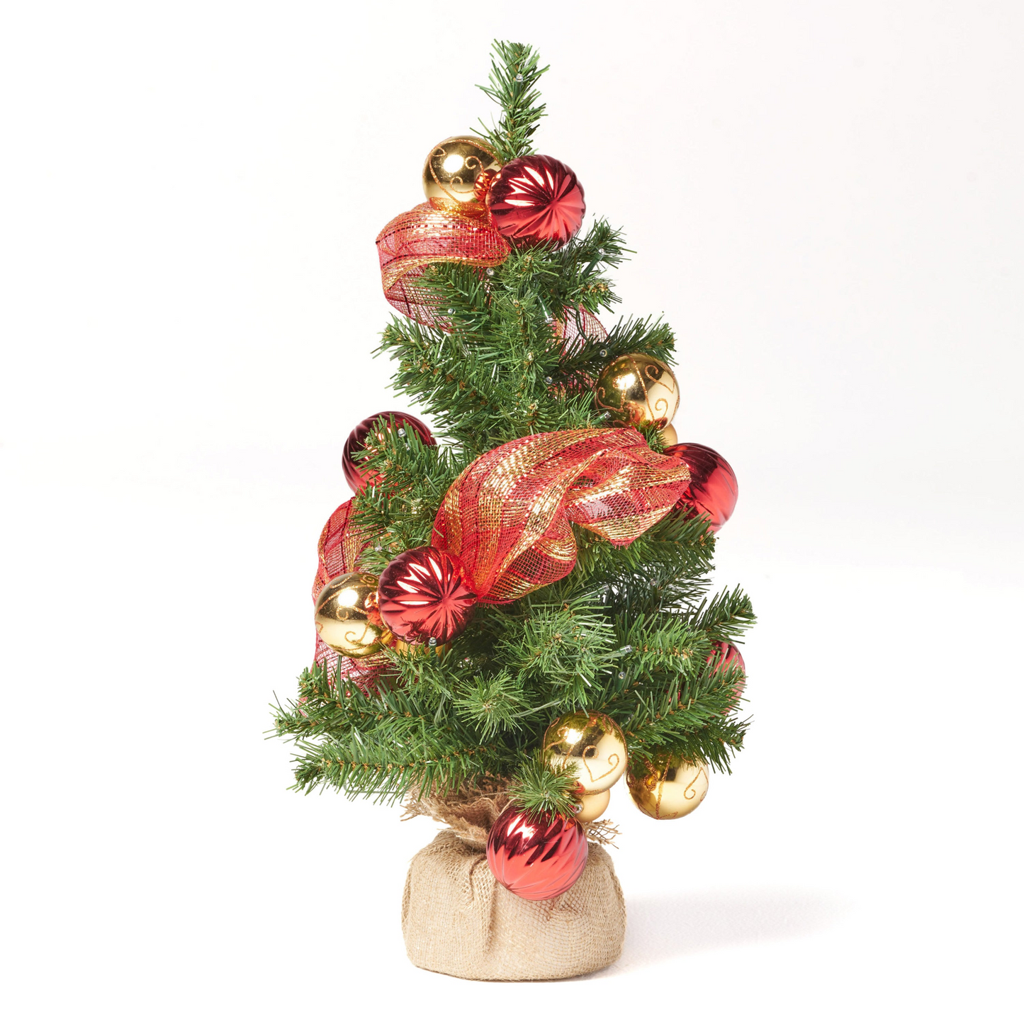 2'RED/GOLD DECORATION BURLAP TREE WITH 50 WARM WHITE LED LIGHTS-BATTERY OPERATED