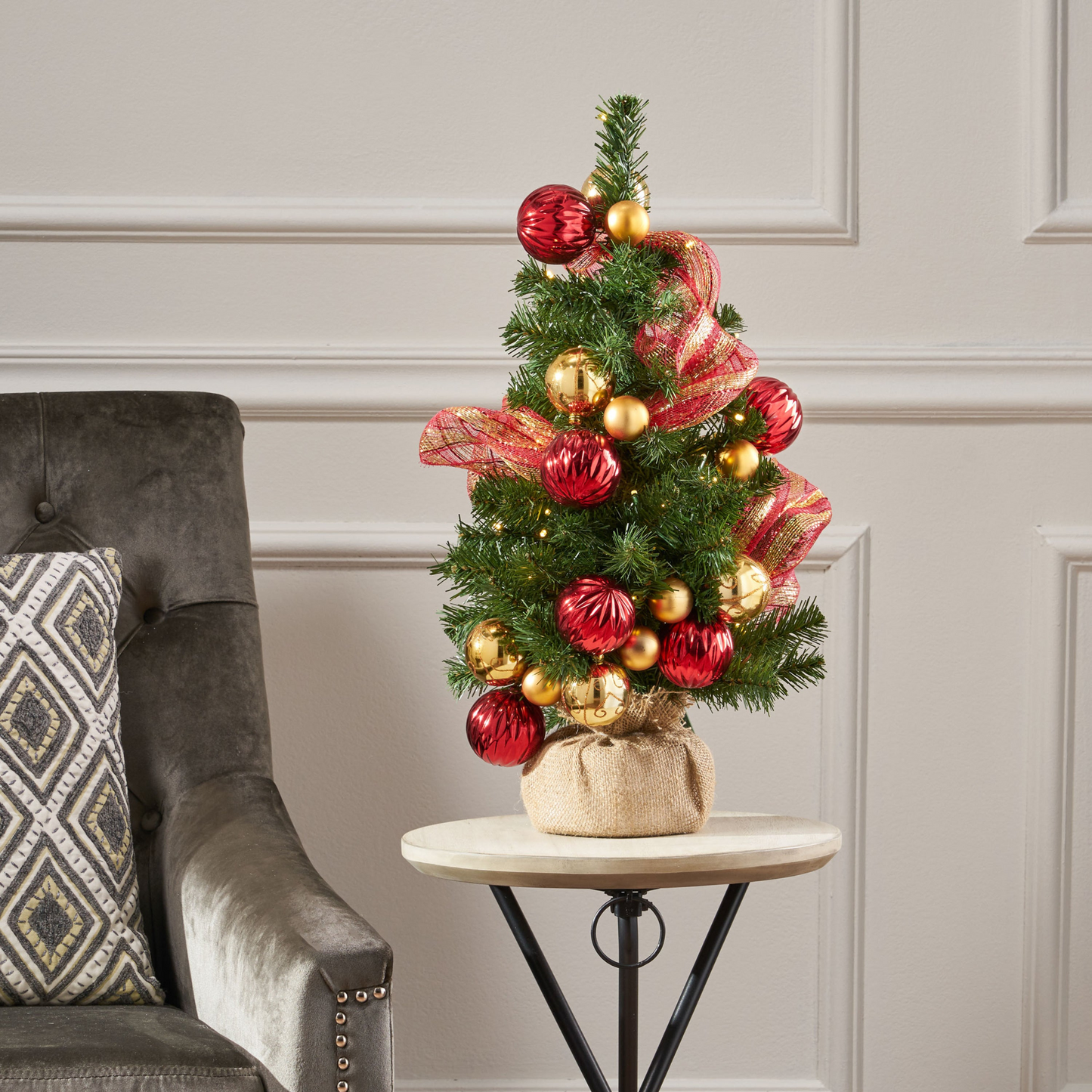 2'RED/GOLD DECORATION BURLAP TREE WITH 50 WARM WHITE LED LIGHTS-BATTERY OPERATED