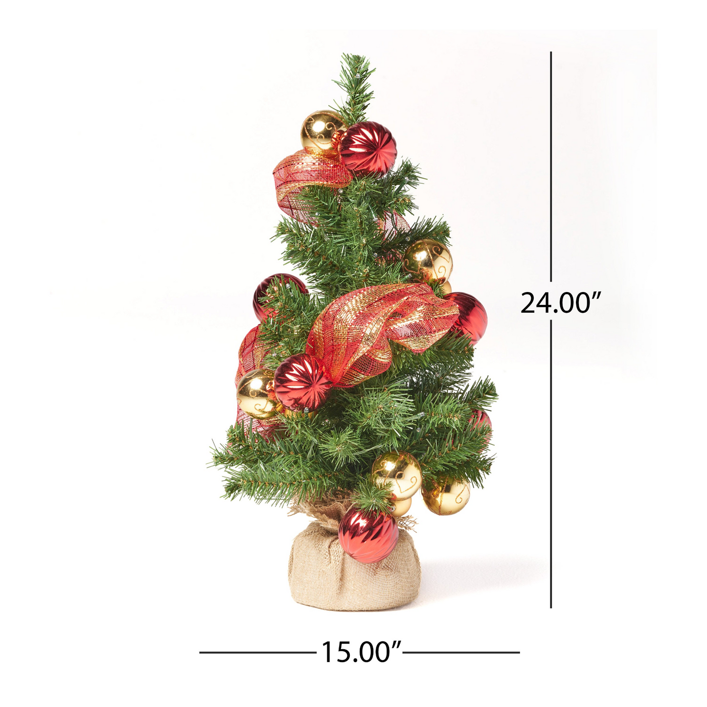 2'RED/GOLD DECORATION BURLAP TREE WITH 50 WARM WHITE LED LIGHTS-BATTERY OPERATED