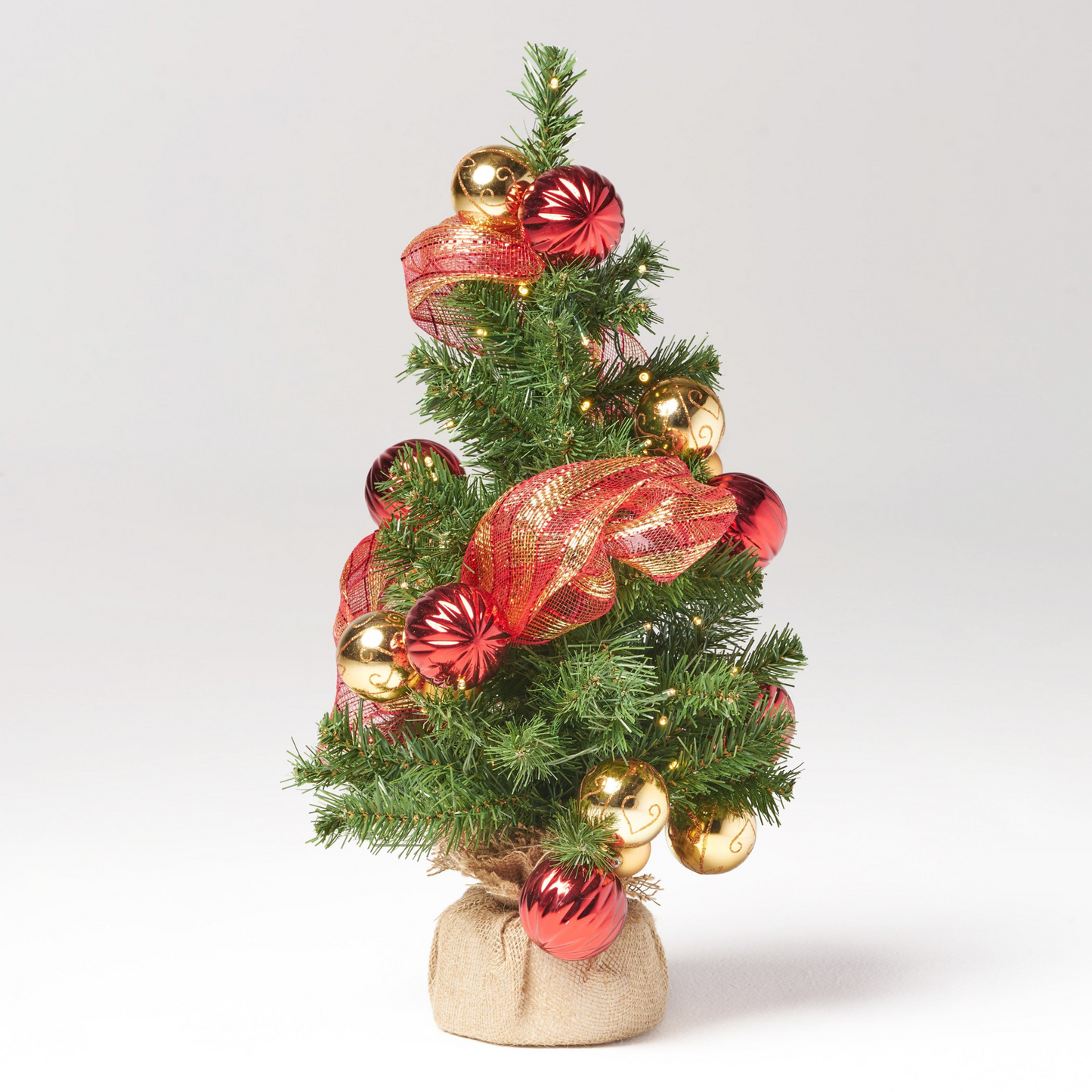 2'RED/GOLD DECORATION BURLAP TREE WITH 50 WARM WHITE LED LIGHTS-BATTERY OPERATED