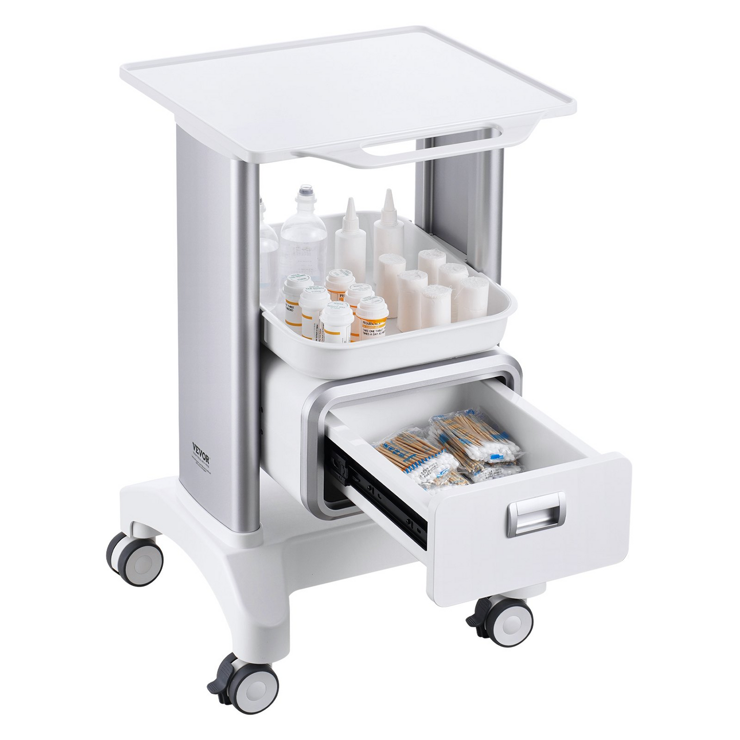 VEVOR 2 Tiers Lab Carts Mobile Medical Cart with 1 Drawer & 1 Top Tray White, Trolley Storage Cart with ABS Material, Lab Rolling Cart with 4 Silent Wheels for Lab, Clinic, Hospital, Salon, Office