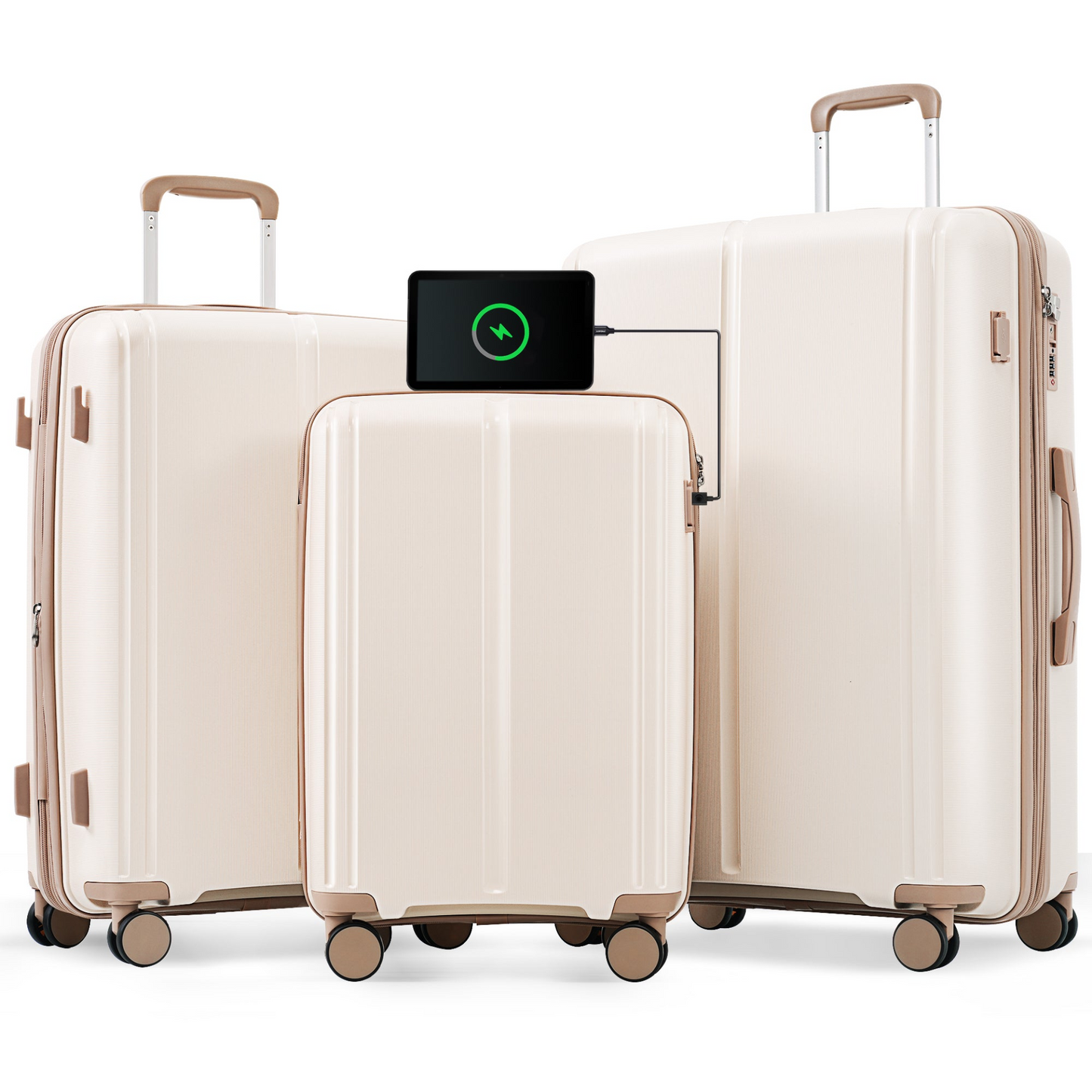 Luggage Sets 3 Piece Suitcase Set 20/24/28 with USB Port,Carry on Luggage Airline Approved,PP Lightweight Suitcase with Spinner Wheels,ivory and golden