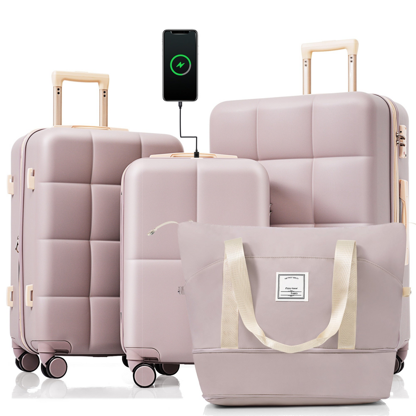 Luggage Sets 4 Piece, 20-inch with USB Port, Expandable ABS Durable Suitcase with Travel Bag, Cup Holder, ABS Hard Shell Luggage with Spinner Wheels, RosyBrown