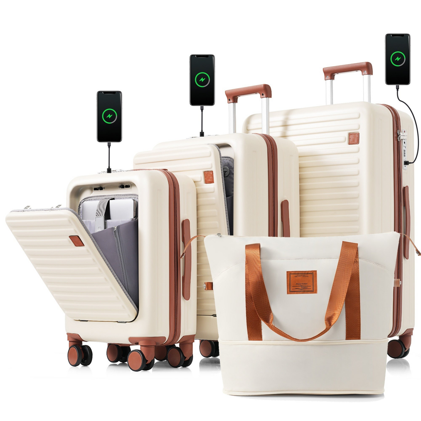 Luggage Set of 4, 20, 24, 28inch with USB Port, 20, 24inch with front opening design Airline Certified Carry on Luggage with Cup Holder, ABS Hard Shell Luggage with Expandable Travel Bag, ivory