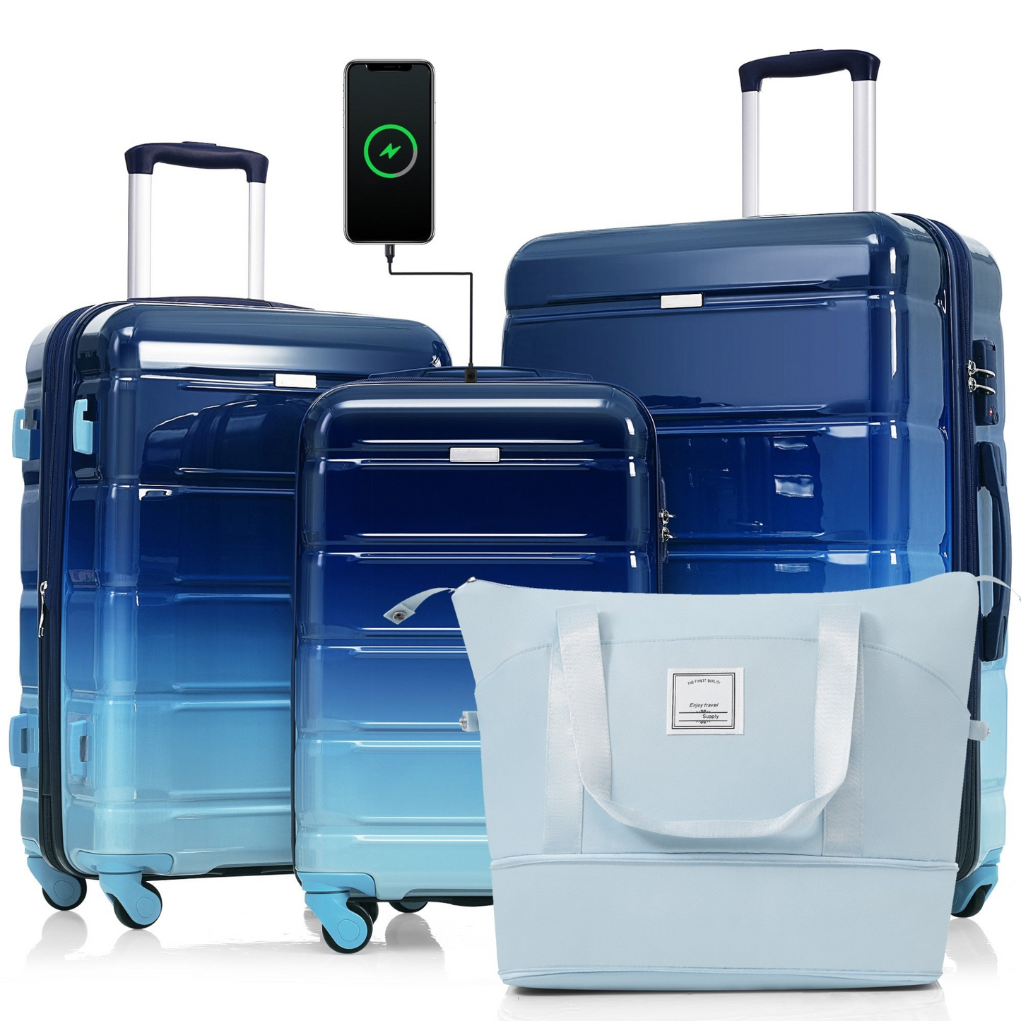 Luggage Sets 4 Piece, 20-inch with USB Port, Expandable ABS Durable Suitcase with Travel Bag, Cup Holder, ABS+PC Hard Shell Luggage with Spinner Wheels, Gradient Blue
