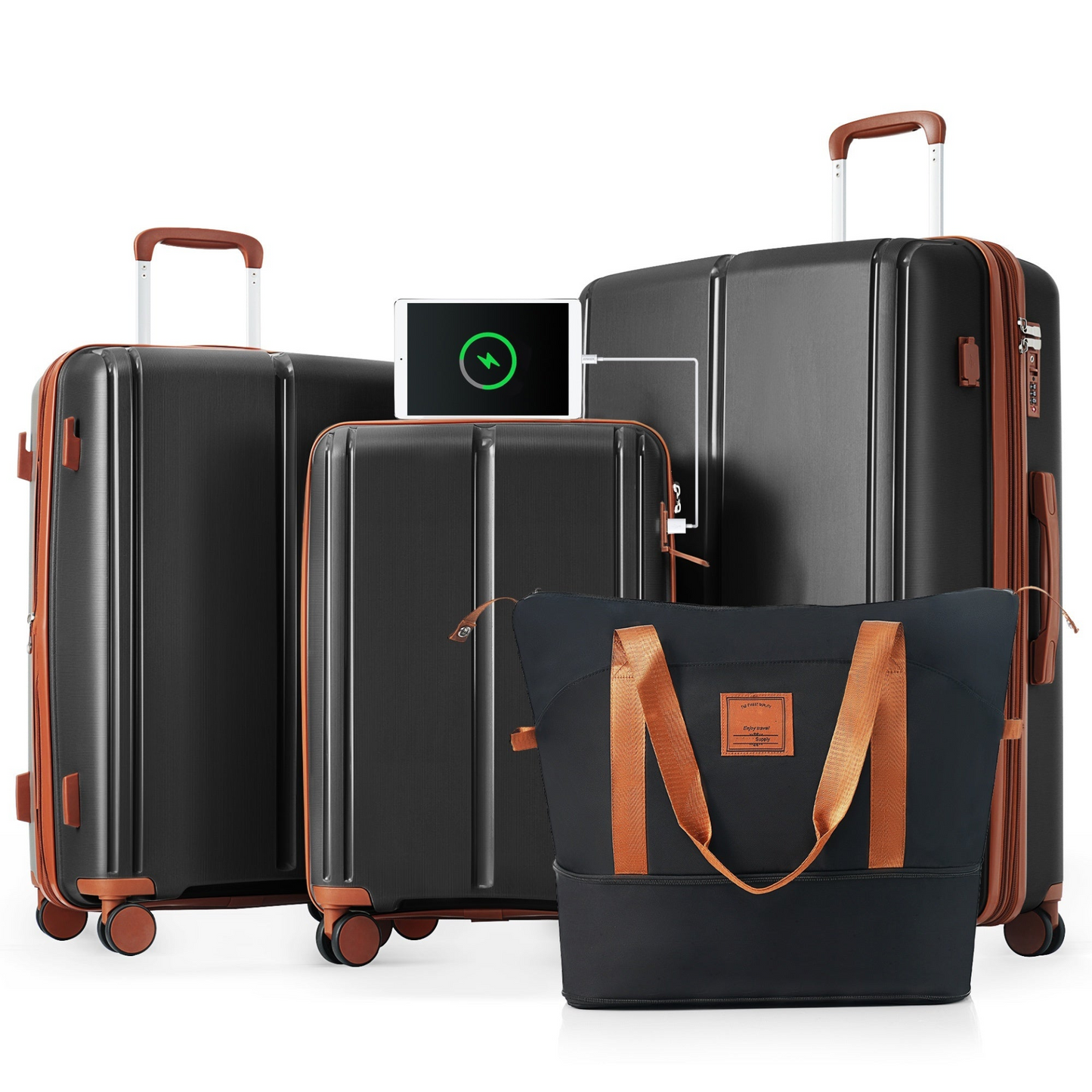Luggage Sets 4 Piece, Expandable PP Lightweight Suitcase with Travel Bag, Carry On Luggage Suitcase Set with 360° Spinner Wheels, black and Brown