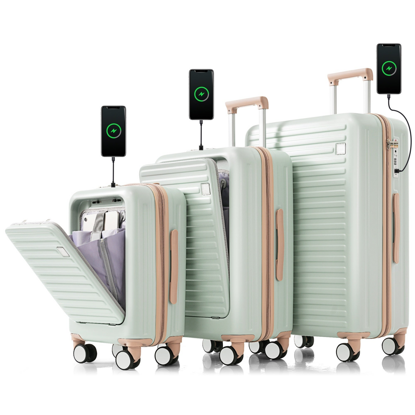 Luggage Set of 3, 20, 24, 28inch with USB Port, 20, 24inch with front opening design Airline Certified Carry on Luggage with Cup Holder, ABS Hard Shell Luggage with Spinner Wheels, grey green