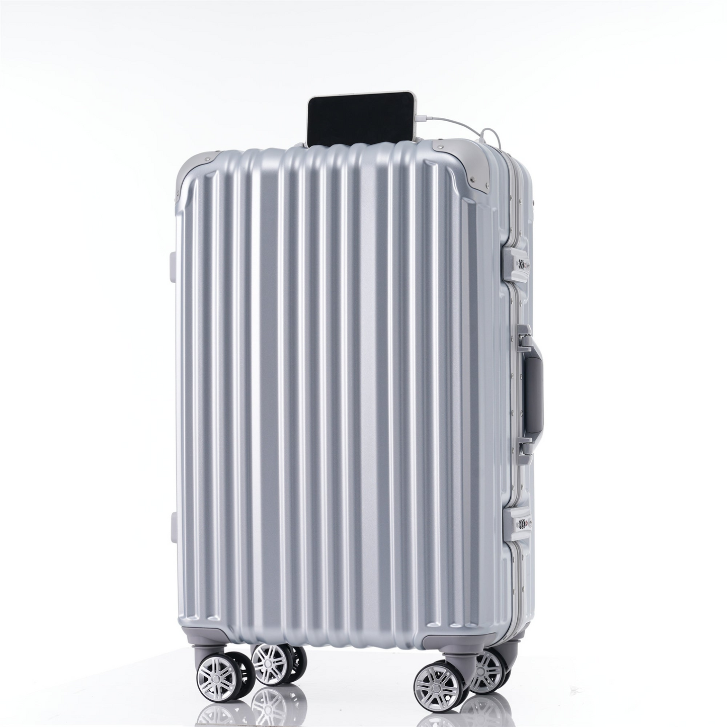 1pc 24in Aluminum Frame Luggage with USB port, Vacation Carry-On Suitcase with Spinner Wheels and TSA Lock, Travel Trolley Case For Short Business Trips, Beach Holidays, gray silver