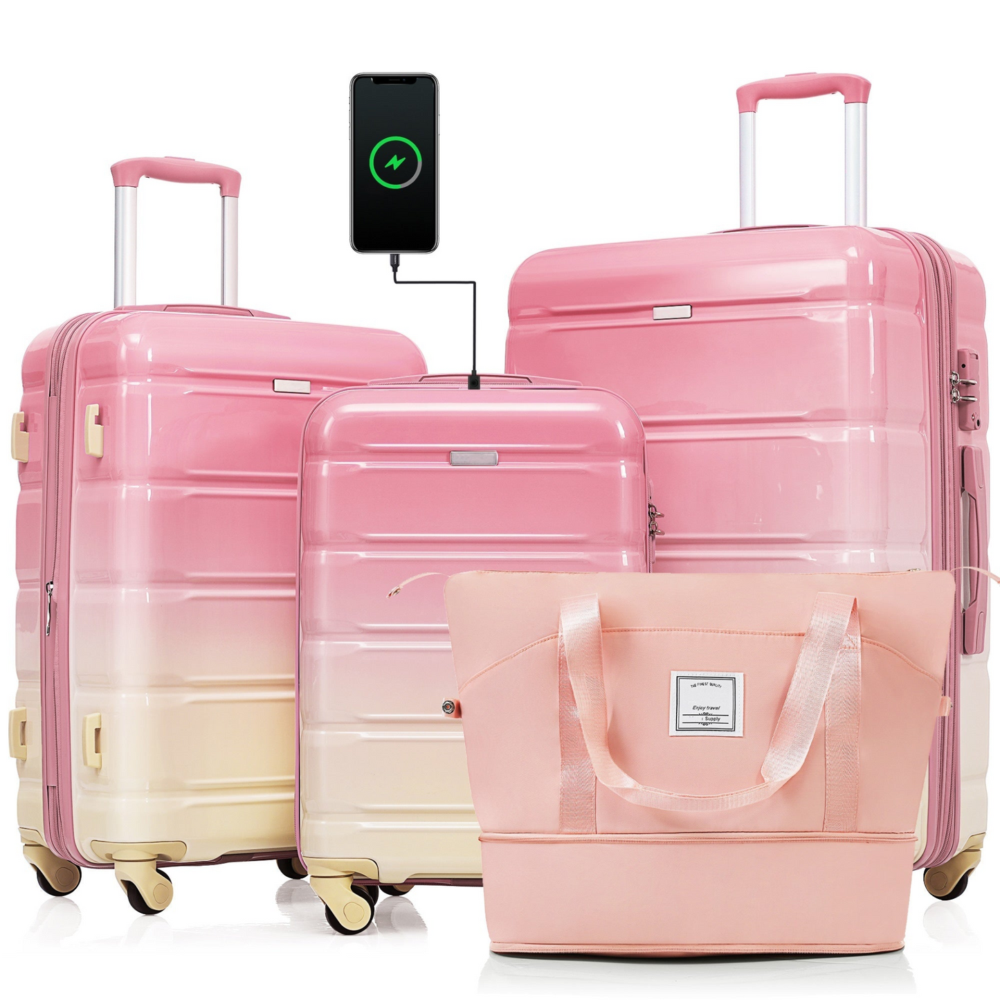 Luggage Sets 4 Piece, 20-inch with USB Port, Expandable ABS Durable Suitcase with Travel Bag, Cup Holder, ABS+PC Hard Shell Luggage with Spinner Wheels, Gradient Pink