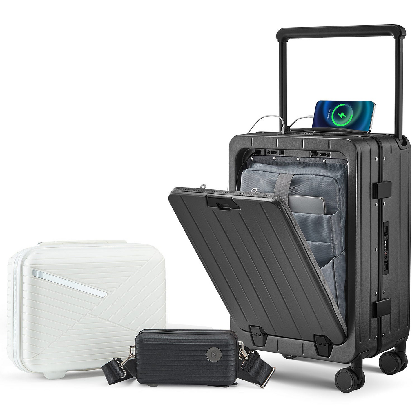 Aluminum Frame 20 Inch with Front Open Carry-on Luggage, PC Hard Shell Suitcase, Bounce Wide Handle Pull Rod Luggage with 360°Double Wheels, Built-In TSA Lock, Airline Approved Suitcase for Business