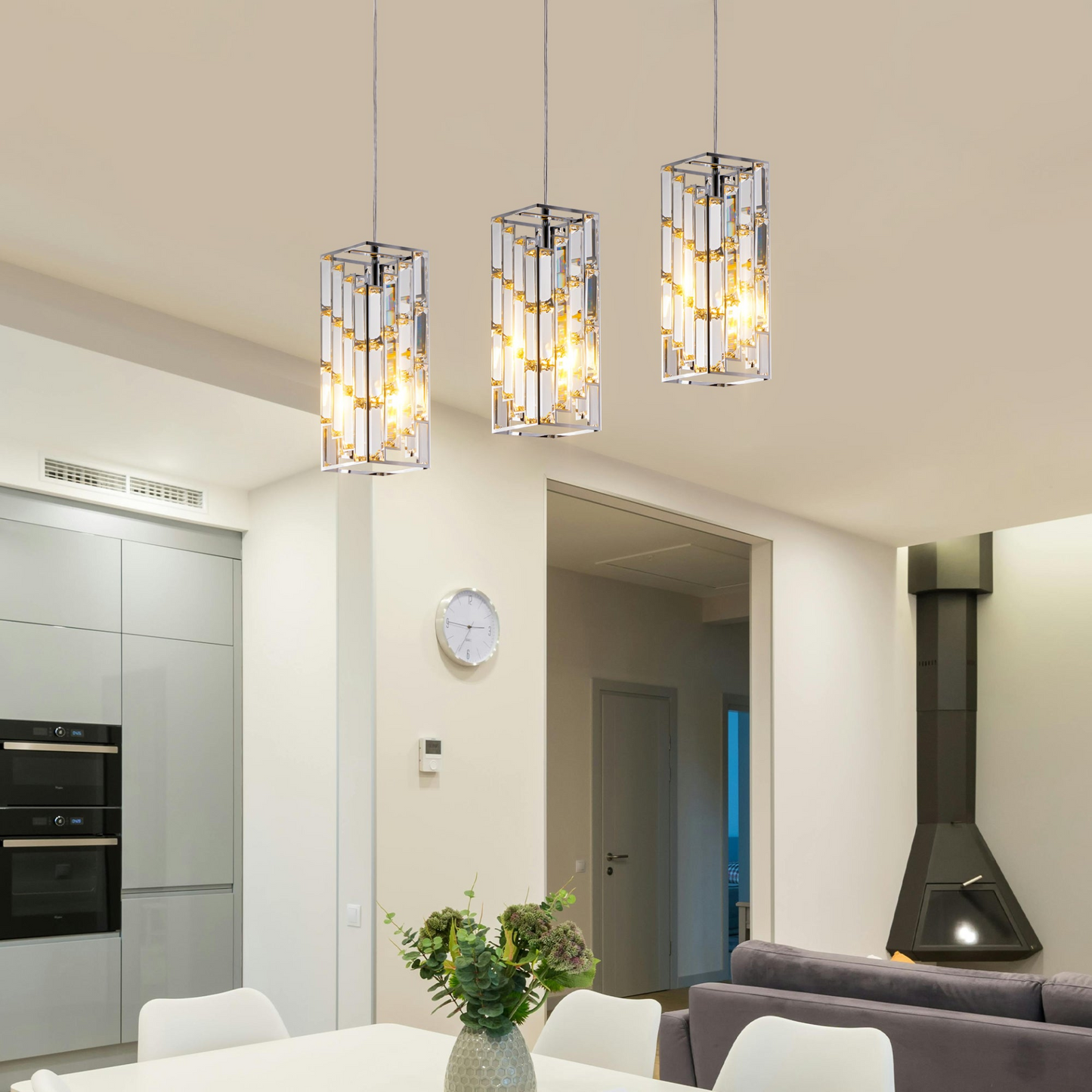 Modern Crystal Pendant Light - 3 Pack, Adjustable Hanging Ceiling Lamp with Crystal Prism Design for Dining Room, Kitchen Island, and Living Room -Chrome Finish