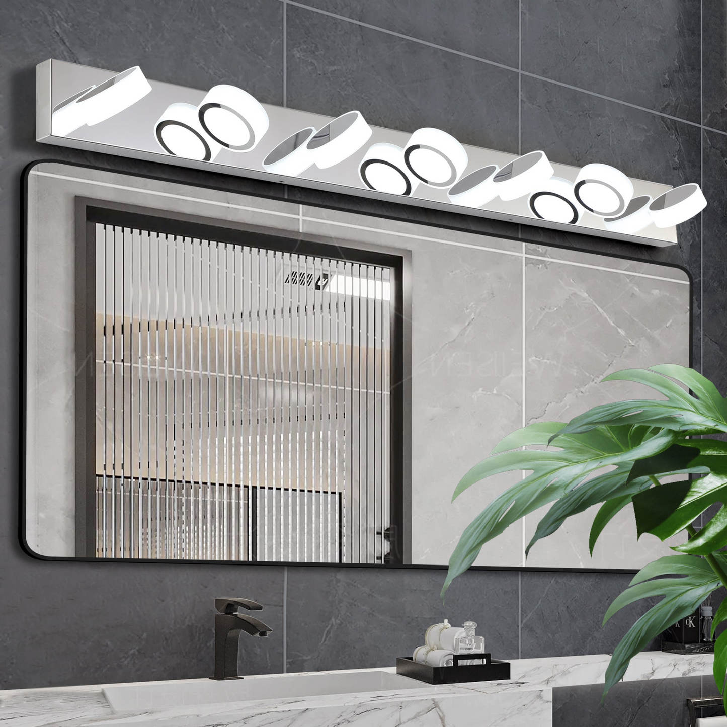 Modern 7-Light LED Vanity Light Fixture - Chrome Finish with Acrylic Light Shades - Energy-Efficient Bathroom Wall Sconce - Dimmable, 52.2-Inch Length