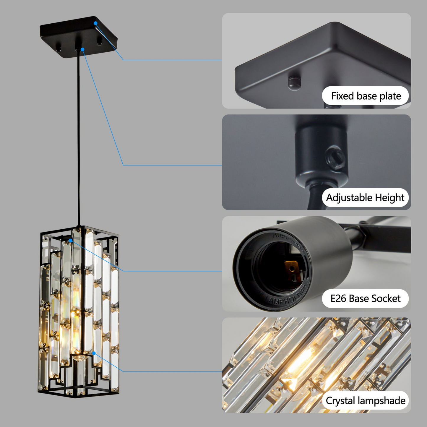 Modern Crystal Pendant Light - 3 Pack, Adjustable Hanging Ceiling Lamp with Crystal Prism Design for Dining Room, Kitchen Island, and Living Room -Black Finish