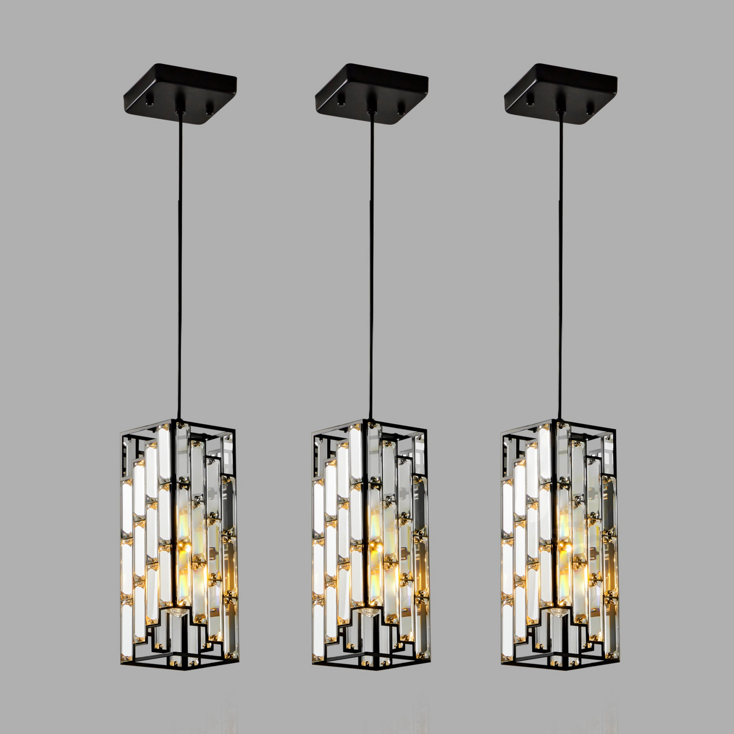 Modern Crystal Pendant Light - 3 Pack, Adjustable Hanging Ceiling Lamp with Crystal Prism Design for Dining Room, Kitchen Island, and Living Room -Black Finish