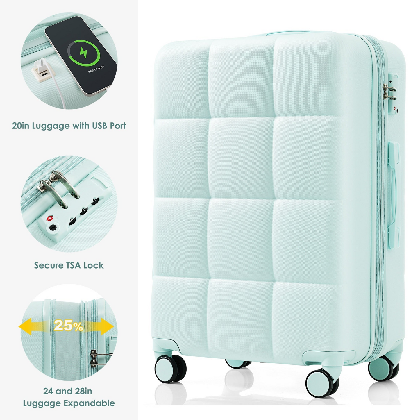 Luggage Set of 3, 20-inch with USB Port, Airline Certified Carry-on Luggage with Cup Holder, ABS Hard Shell Luggage with Spinner Wheels, grey green