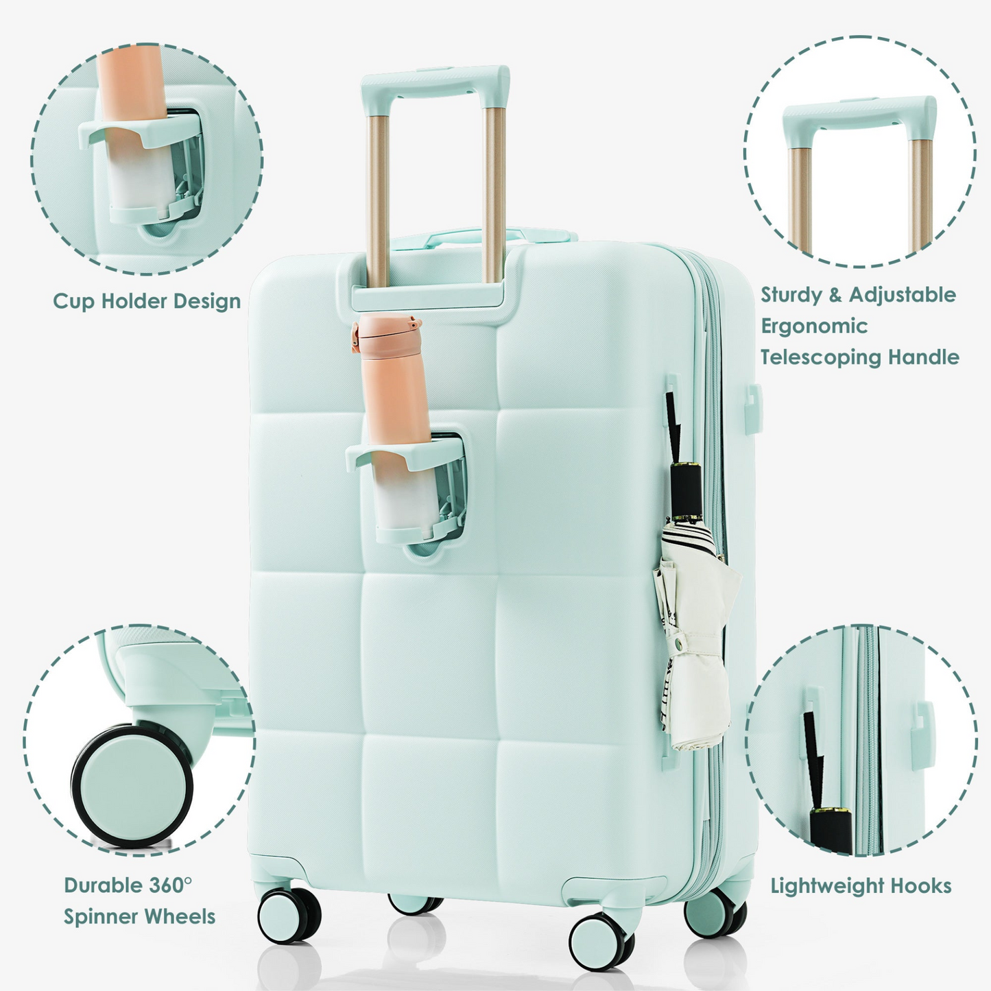 Luggage Set of 3, 20-inch with USB Port, Airline Certified Carry-on Luggage with Cup Holder, ABS Hard Shell Luggage with Spinner Wheels, grey green