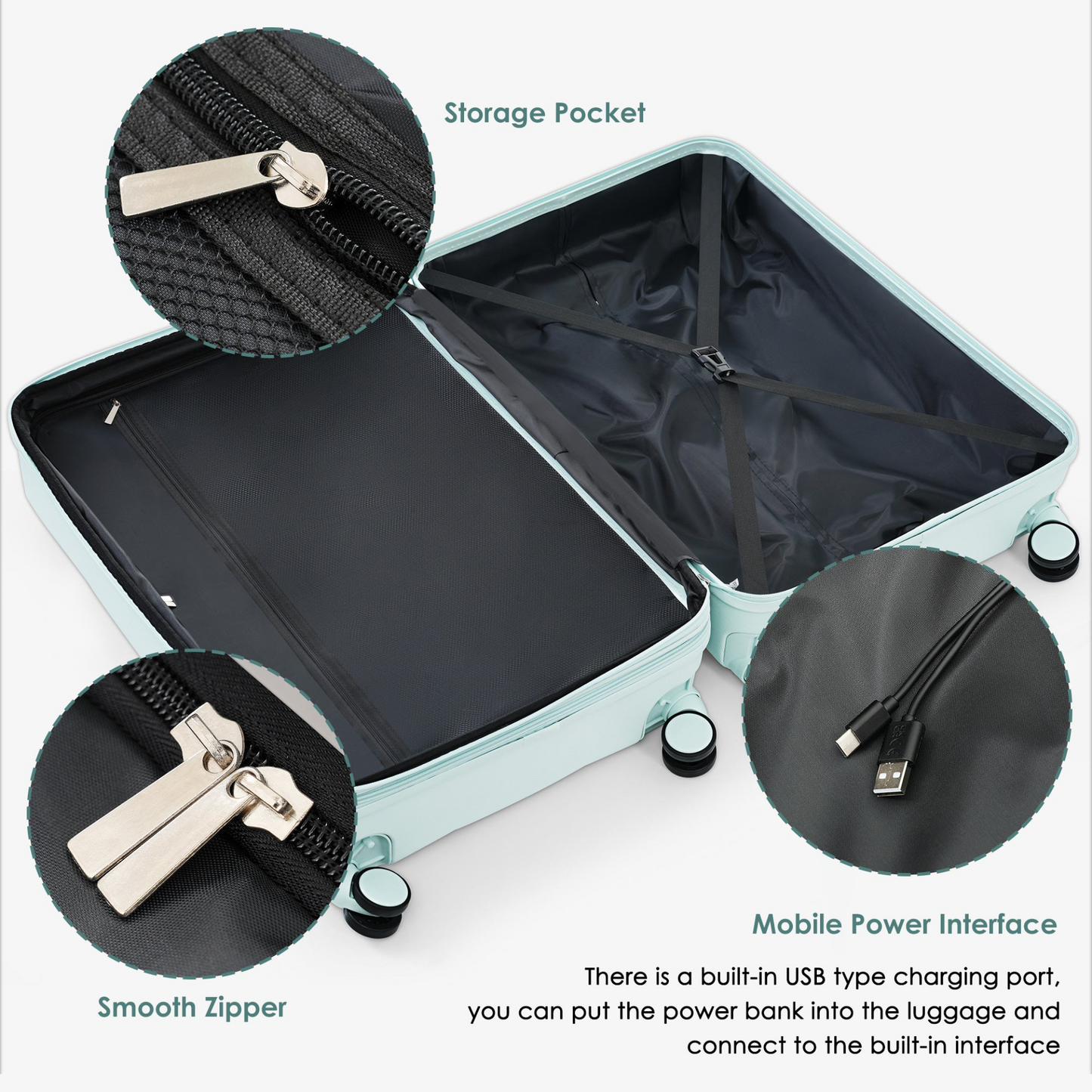 Luggage Set of 3, 20-inch with USB Port, Airline Certified Carry-on Luggage with Cup Holder, ABS Hard Shell Luggage with Spinner Wheels, grey green