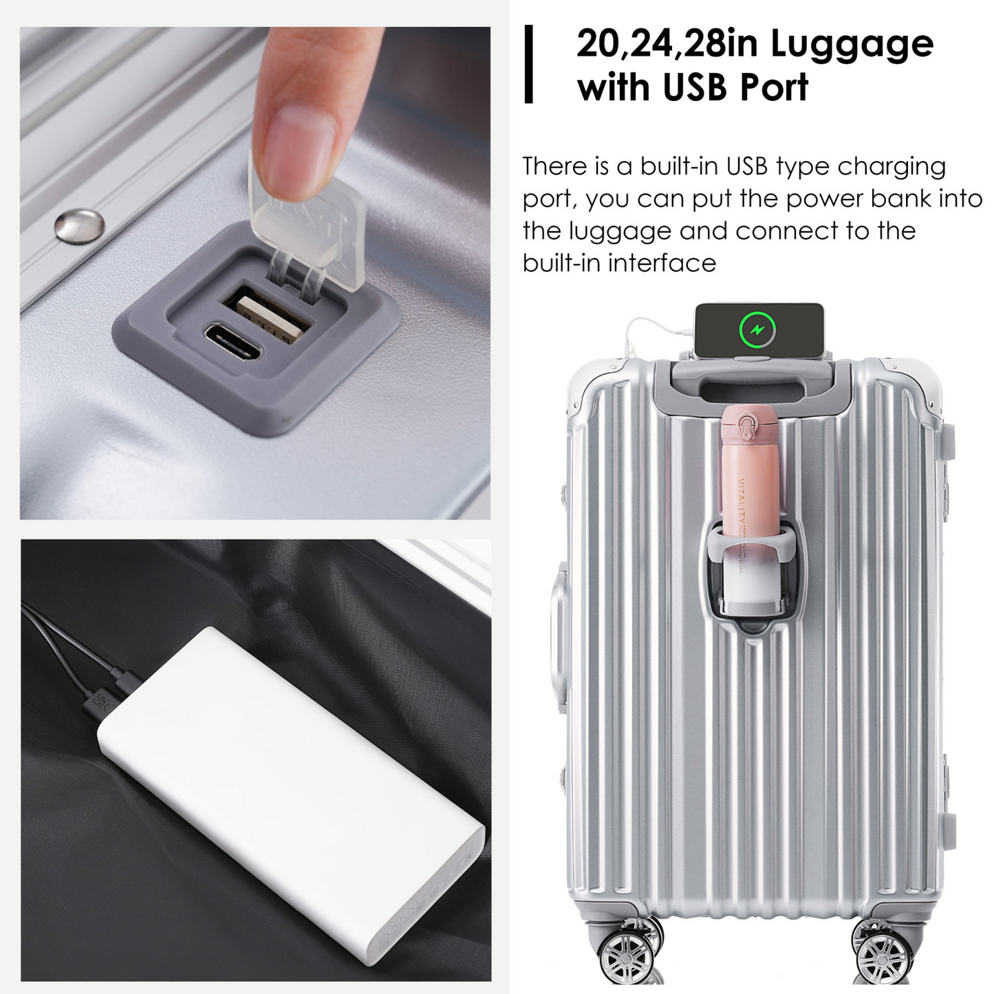 1pc 24in Aluminum Frame Luggage with USB port, Vacation Carry-On Suitcase with Spinner Wheels and TSA Lock, Travel Trolley Case For Short Business Trips, Beach Holidays, gray silver