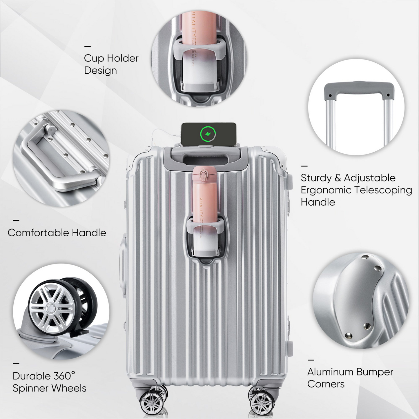 1pc 24in Aluminum Frame Luggage with USB port, Vacation Carry-On Suitcase with Spinner Wheels and TSA Lock, Travel Trolley Case For Short Business Trips, Beach Holidays, gray silver