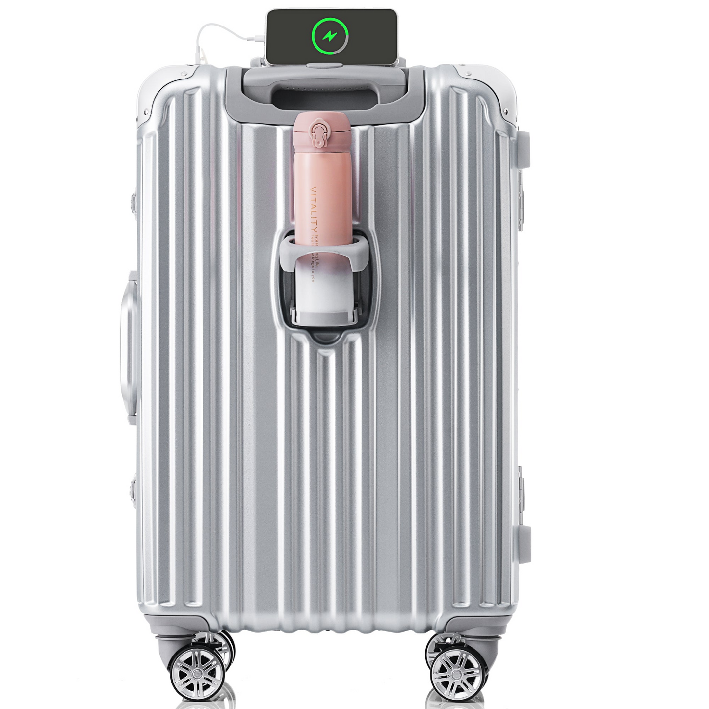 1pc 24in Aluminum Frame Luggage with USB port, Vacation Carry-On Suitcase with Spinner Wheels and TSA Lock, Travel Trolley Case For Short Business Trips, Beach Holidays, gray silver