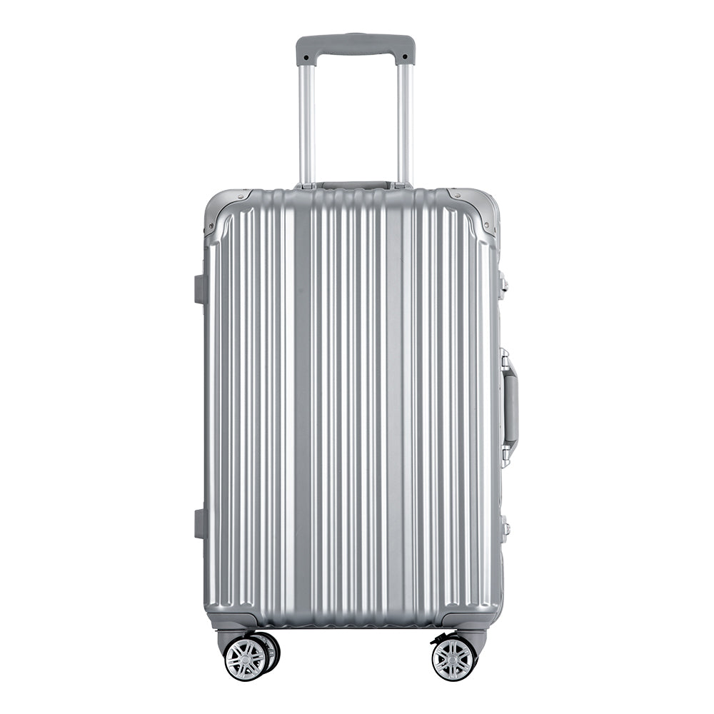 1pc 24in Aluminum Frame Luggage with USB port, Vacation Carry-On Suitcase with Spinner Wheels and TSA Lock, Travel Trolley Case For Short Business Trips, Beach Holidays, gray silver