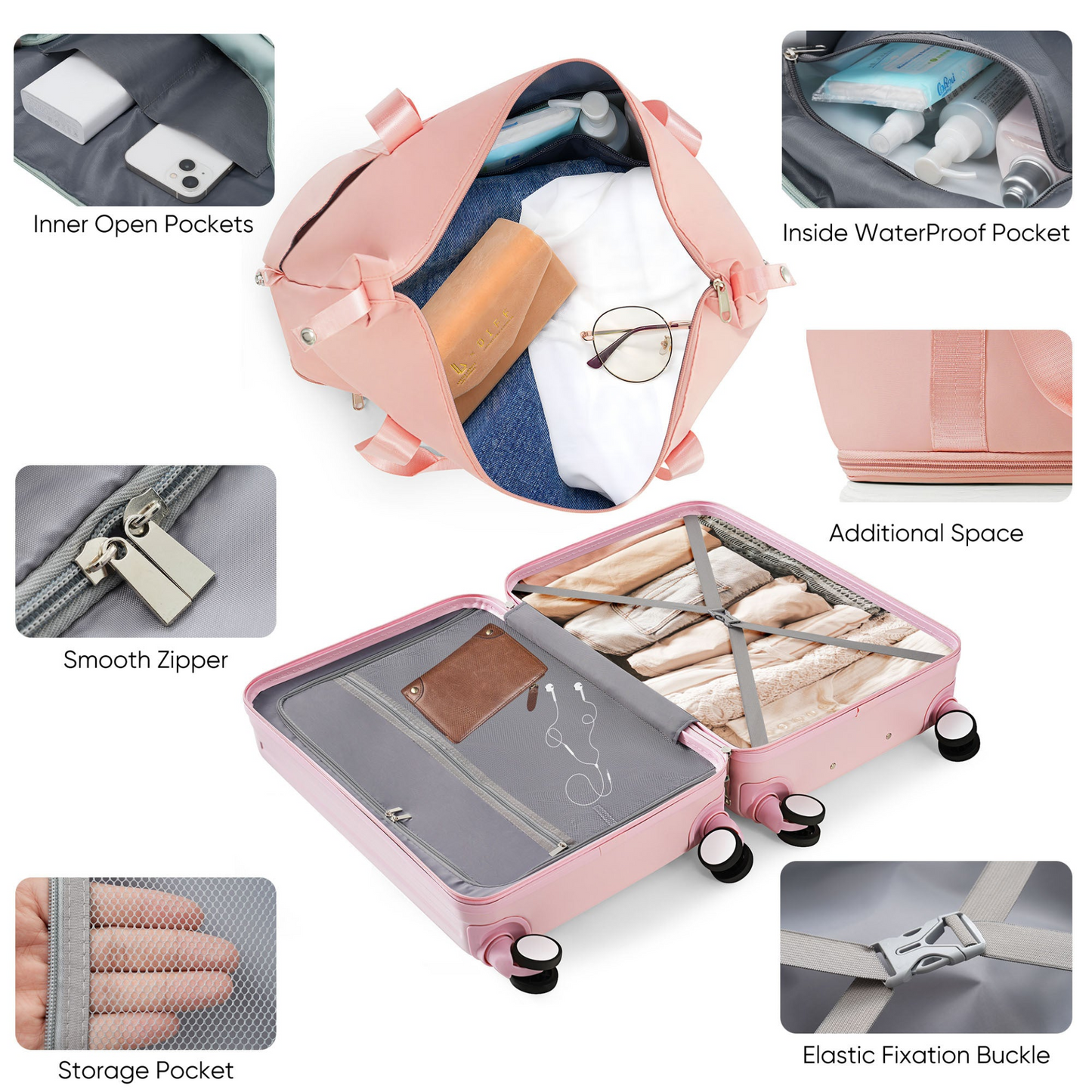 Luggage Set of 4 with USB Port, 20, 24inch with front opening design Airline Certified Carry on Luggage with Cup Holder, ABS Hard Shell Luggage with Expandable Travel Bag, pink