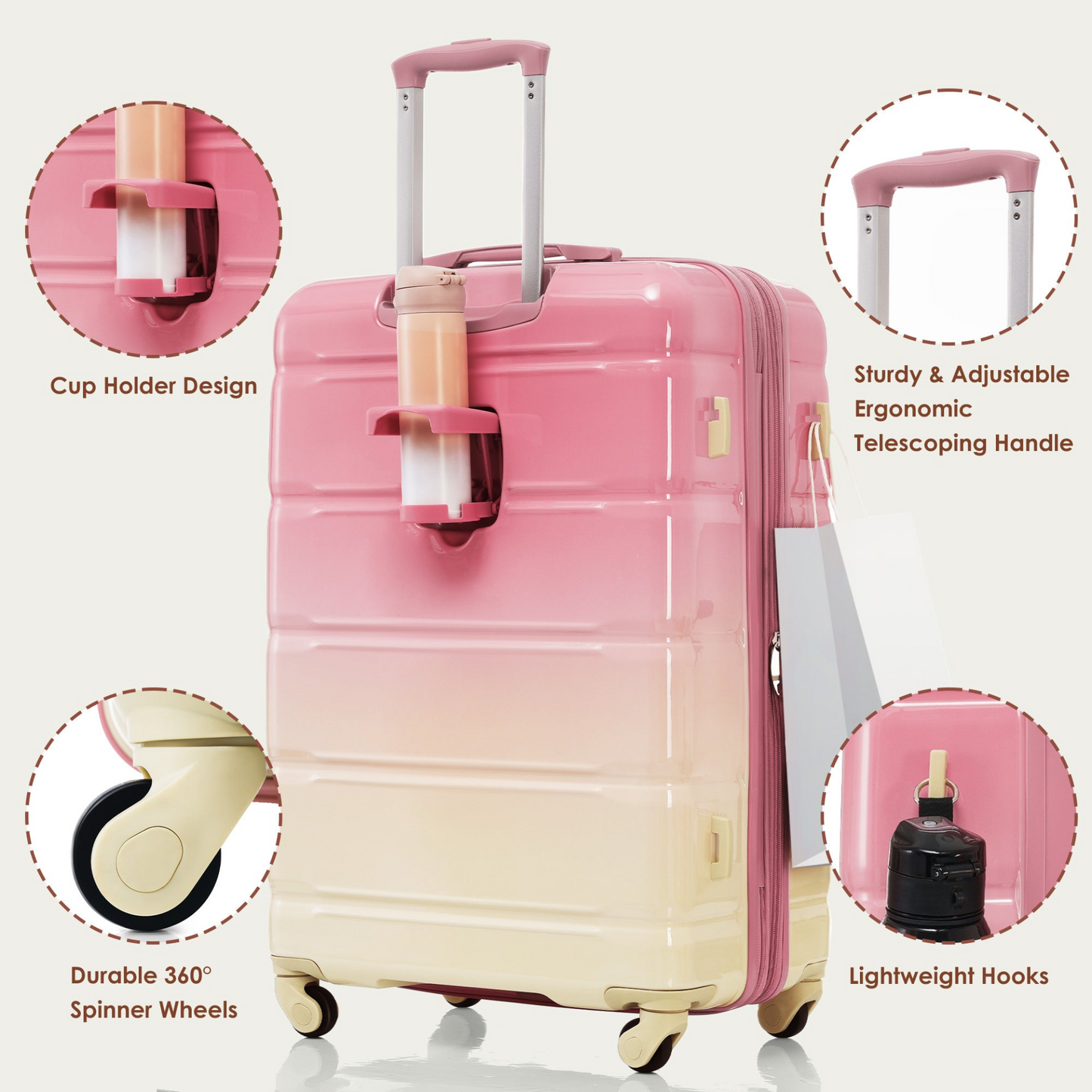Luggage Sets 4 Piece, 20-inch with USB Port, Expandable ABS Durable Suitcase with Travel Bag, Cup Holder, ABS+PC Hard Shell Luggage with Spinner Wheels, Gradient Pink