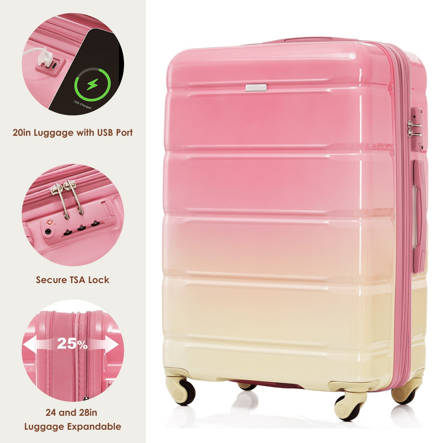 Luggage Sets 4 Piece, 20-inch with USB Port, Expandable ABS Durable Suitcase with Travel Bag, Cup Holder, ABS+PC Hard Shell Luggage with Spinner Wheels, Gradient Pink