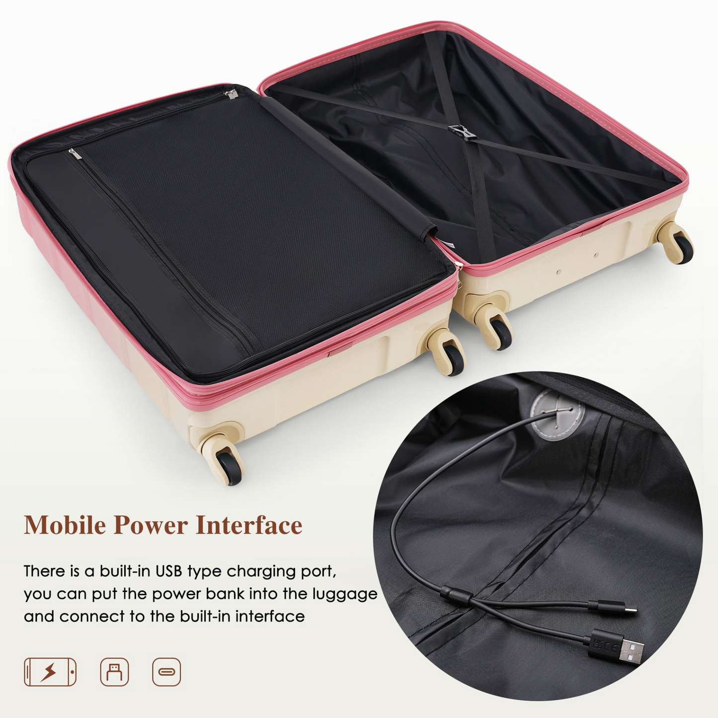 Luggage Sets 4 Piece, 20-inch with USB Port, Expandable ABS Durable Suitcase with Travel Bag, Cup Holder, ABS+PC Hard Shell Luggage with Spinner Wheels, Gradient Pink