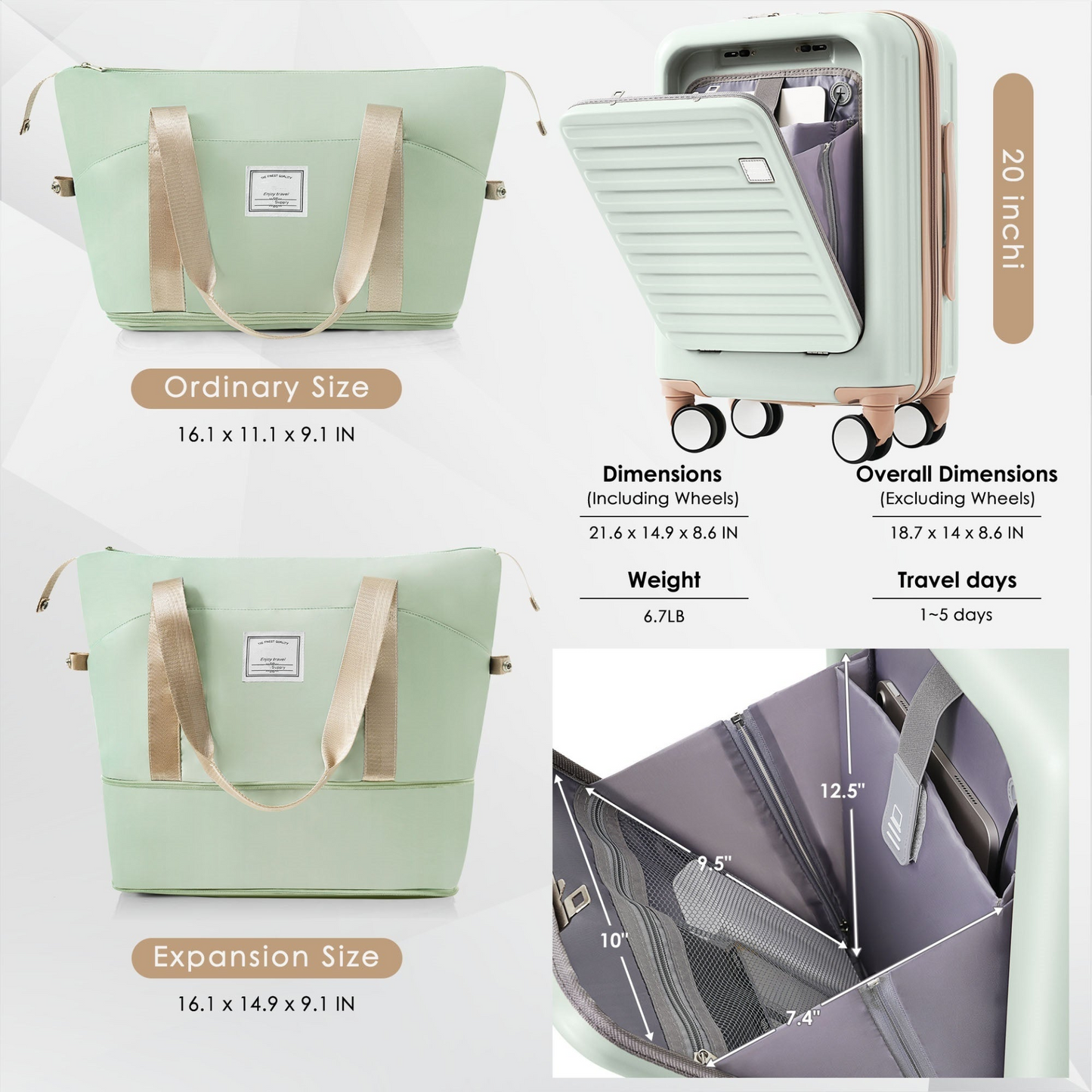 Front Opening 20-Inch Carry-On Luggage with Expandable Travel Bag Set, ABS Hard Shell Two-piece suitcase set with USB Port , Cup Holder, grey green