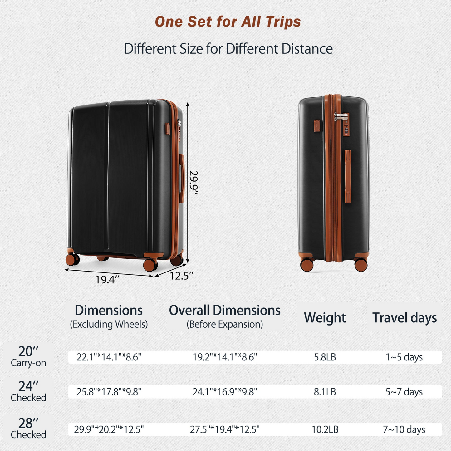 Luggage Sets 4 Piece, Expandable PP Lightweight Suitcase with Travel Bag, Carry On Luggage Suitcase Set with 360° Spinner Wheels, black and Brown