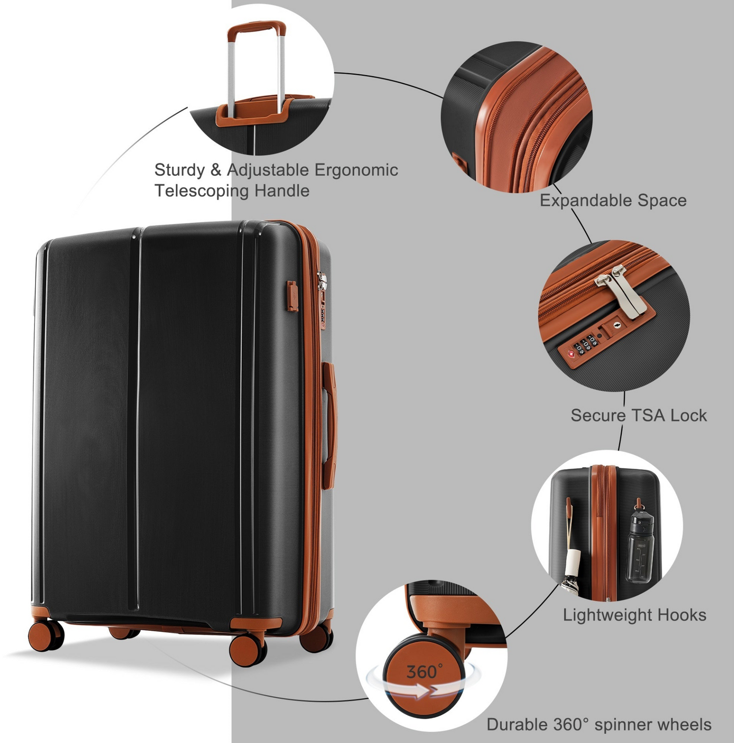 Luggage Sets 4 Piece, Expandable PP Lightweight Suitcase with Travel Bag, Carry On Luggage Suitcase Set with 360° Spinner Wheels, black and Brown