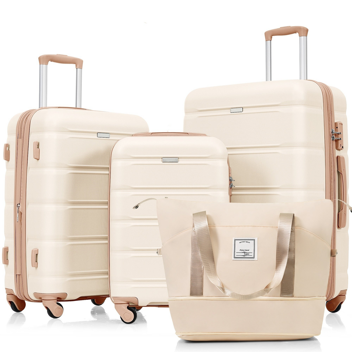 Luggage Sets 4 Piece, 20-inch with USB Port, Expandable ABS Durable Suitcase with Travel Bag, Cup Holder, ABS Hard Shell Luggage with Spinner Wheels, beige and golden