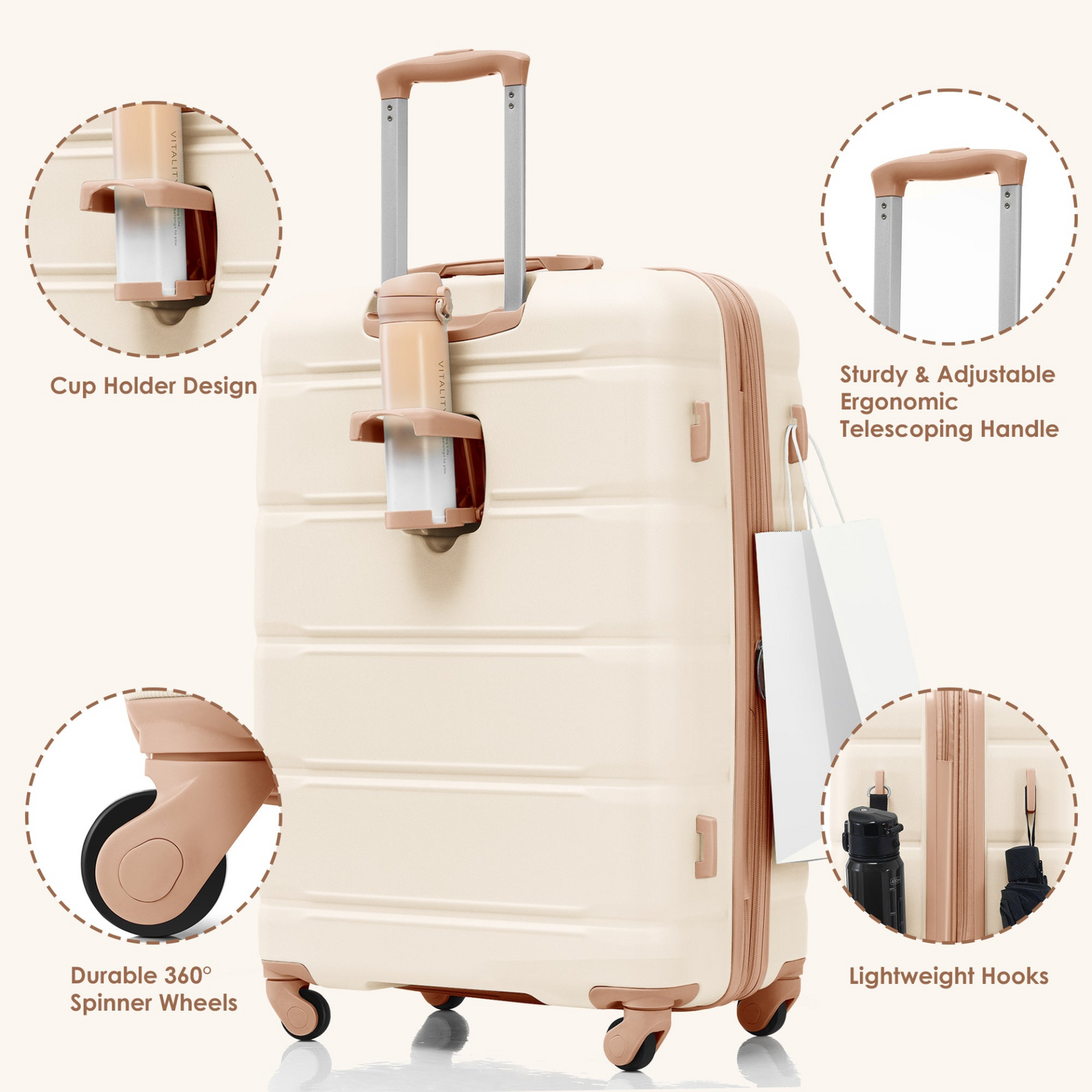 Luggage Sets 4 Piece, 20-inch with USB Port, Expandable ABS Durable Suitcase with Travel Bag, Cup Holder, ABS Hard Shell Luggage with Spinner Wheels, beige and golden
