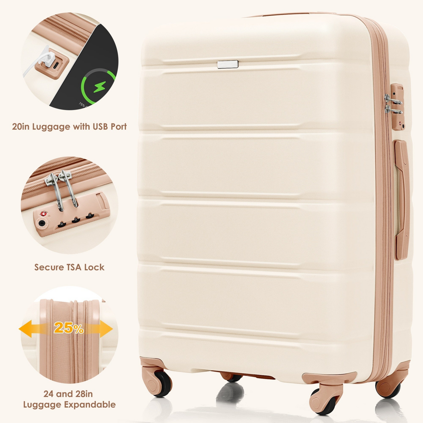 Luggage Sets 4 Piece, 20-inch with USB Port, Expandable ABS Durable Suitcase with Travel Bag, Cup Holder, ABS Hard Shell Luggage with Spinner Wheels, beige and golden