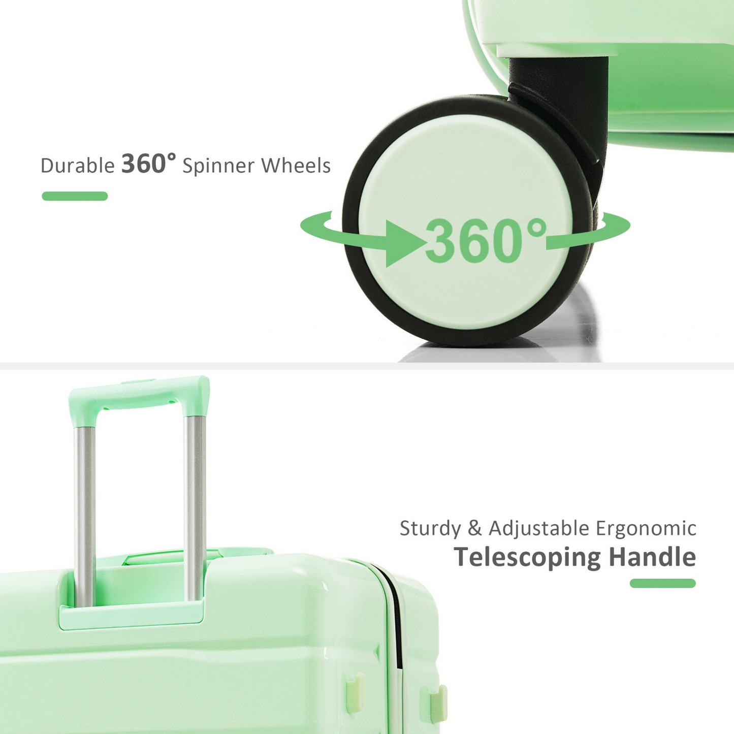 Premium ABS Travel Luggage Set , 3-Piece TSA Lock Suitcase Ensemble with 20, 24, and 28 Inch Sizes with 360° Spinner Wheels, light green