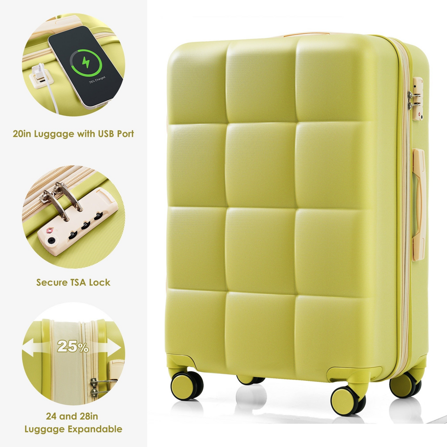 Luggage Set of 3, 20-inch with USB Port, Airline Certified Carry-on Luggage with Cup Holder, ABS Hard Shell Luggage with Spinner Wheels, olive yellow