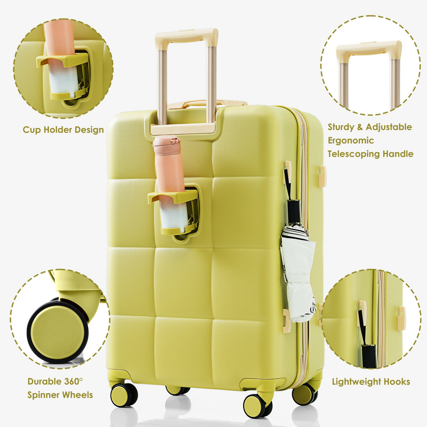 Luggage Set of 3, 20-inch with USB Port, Airline Certified Carry-on Luggage with Cup Holder, ABS Hard Shell Luggage with Spinner Wheels, olive yellow