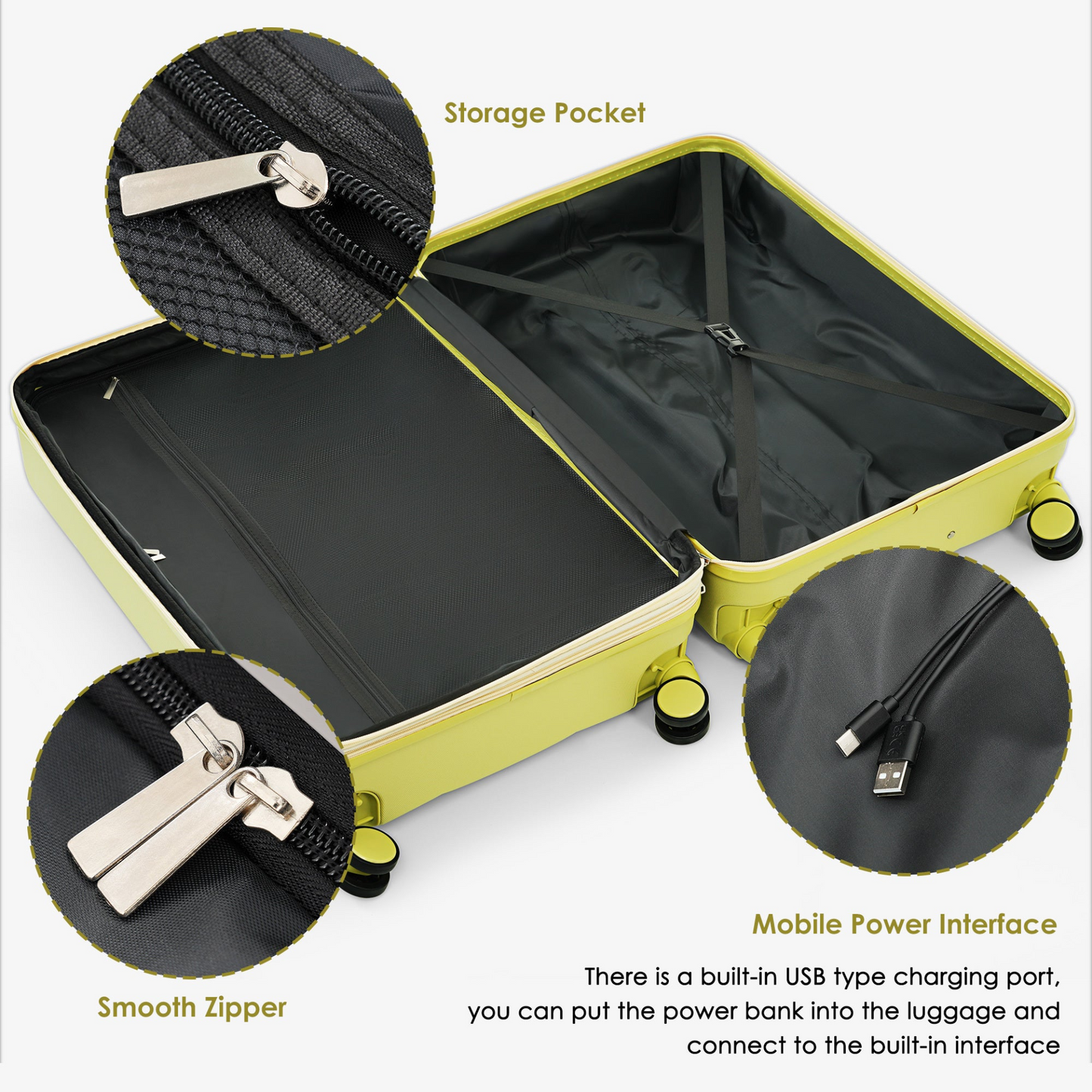 Luggage Set of 3, 20-inch with USB Port, Airline Certified Carry-on Luggage with Cup Holder, ABS Hard Shell Luggage with Spinner Wheels, olive yellow